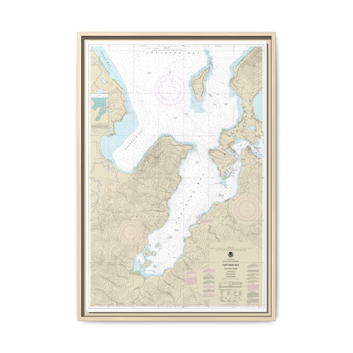 Chart 16530 Captains Bay - NOAA Nautical Chart Floating Frame Canvas | 20" x 30" | 24" x 36" | 32" x 48" - Natural front
