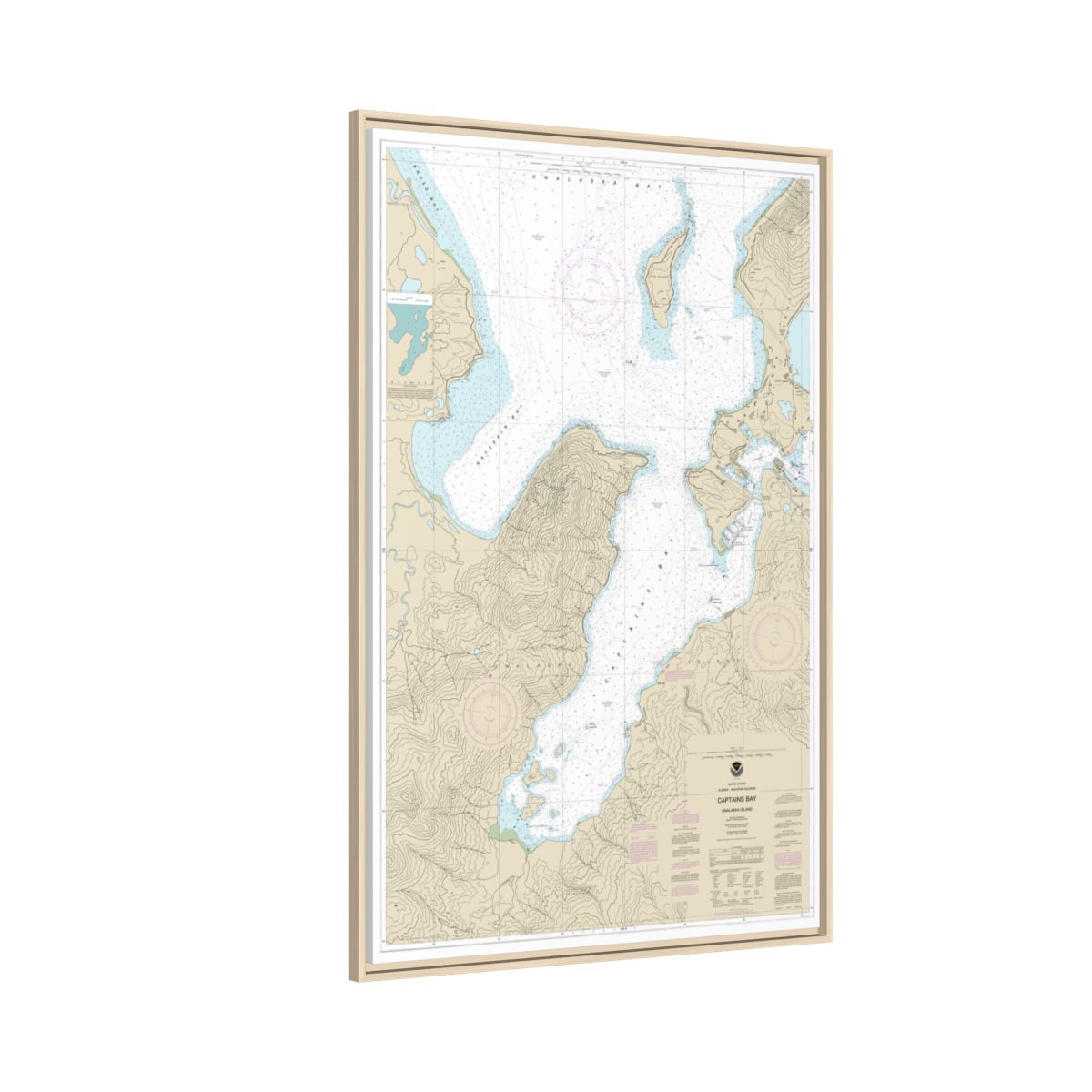 Chart 16530 Captains Bay - NOAA Nautical Chart Floating Frame Canvas | 20" x 30" | 24" x 36" | 32" x 48" - Natural side