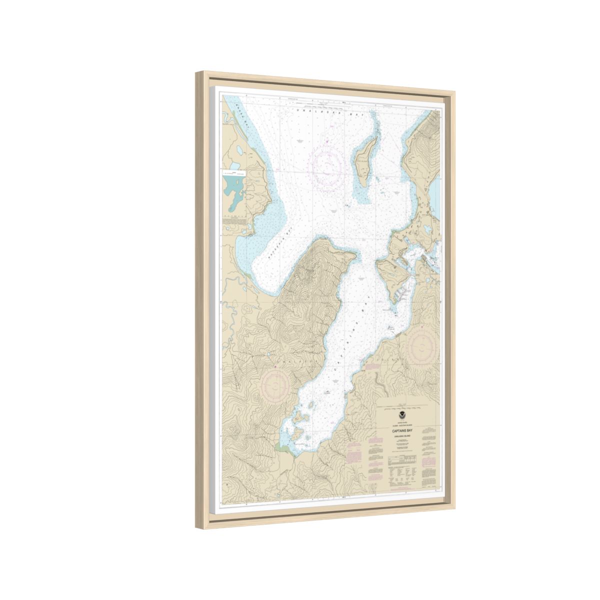 Chart 16530 Captains Bay - NOAA Nautical Chart Floating Frame Canvas | 20" x 30" | 24" x 36" | 32" x 48" - Natural side