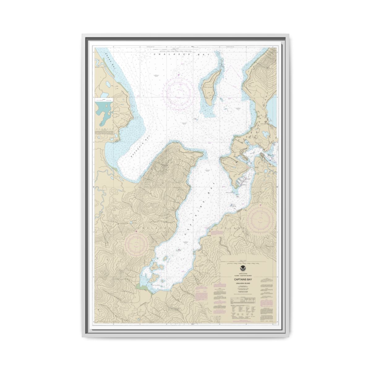 Chart 16530 Captains Bay - NOAA Nautical Chart Floating Frame Canvas | 20" x 30" | 24" x 36" | 32" x 48" - White front