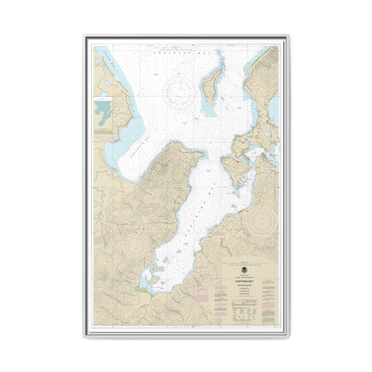 Chart 16530 Captains Bay - NOAA Nautical Chart Floating Frame Canvas | 20" x 30" | 24" x 36" | 32" x 48" - White front