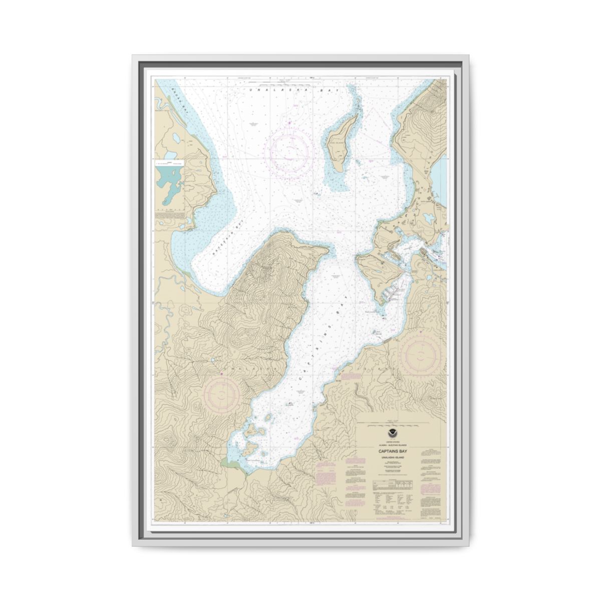 Chart 16530 Captains Bay - NOAA Nautical Chart Floating Frame Canvas | 20" x 30" | 24" x 36" | 32" x 48" - White front