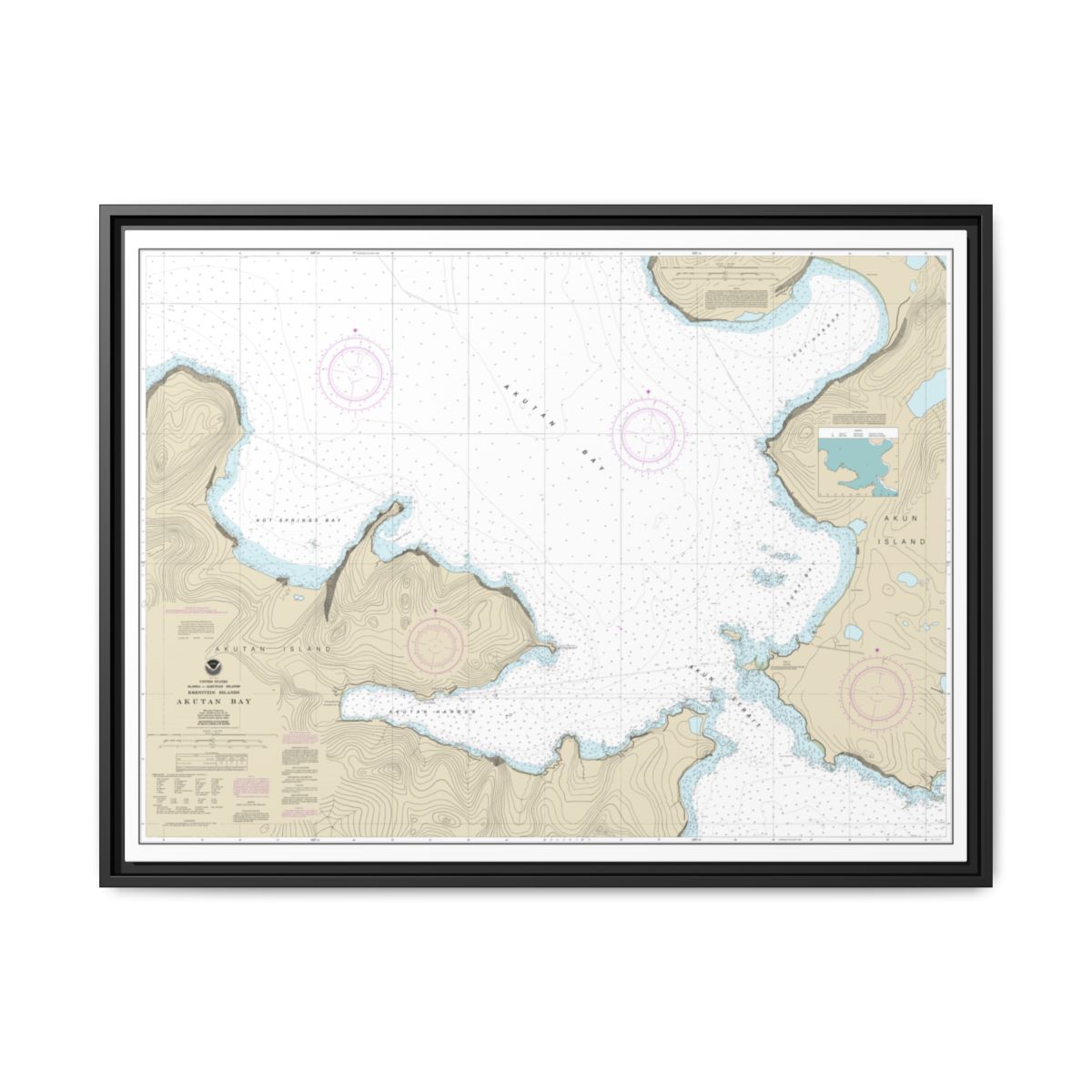 Chart 16532 Akutan Bay, Krenitzin Islands - NOAA Nautical Chart Floating Frame Canvas | 32" x 24" | 40" x 30" - Black front