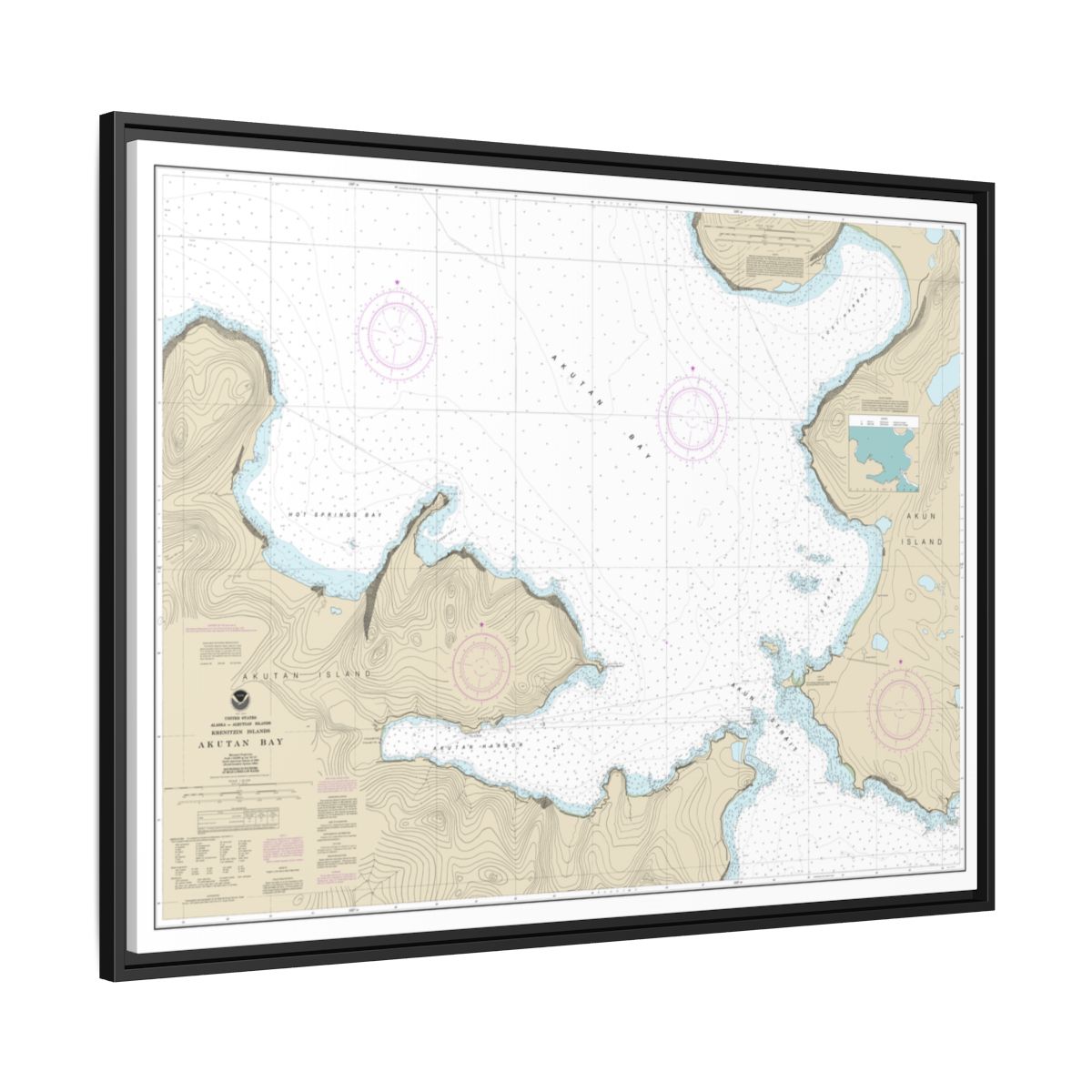 Chart 16532 Akutan Bay, Krenitzin Islands - NOAA Nautical Chart Floating Frame Canvas | 32" x 24" | 40" x 30" - Black side