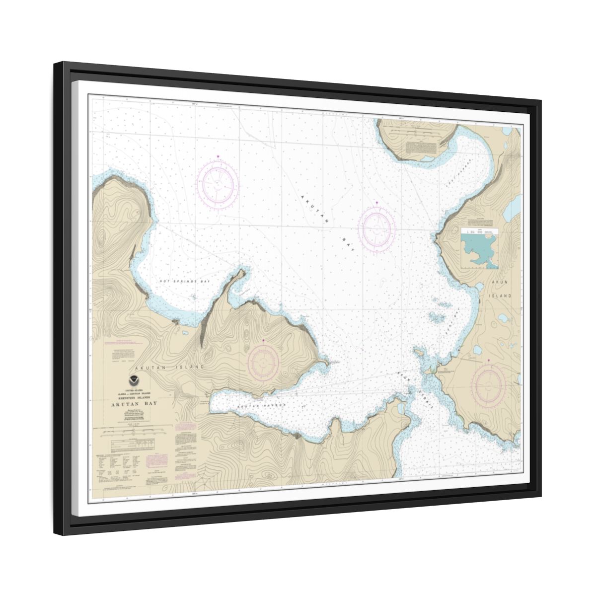 Chart 16532 Akutan Bay, Krenitzin Islands - NOAA Nautical Chart Floating Frame Canvas | 32" x 24" | 40" x 30" - Black side