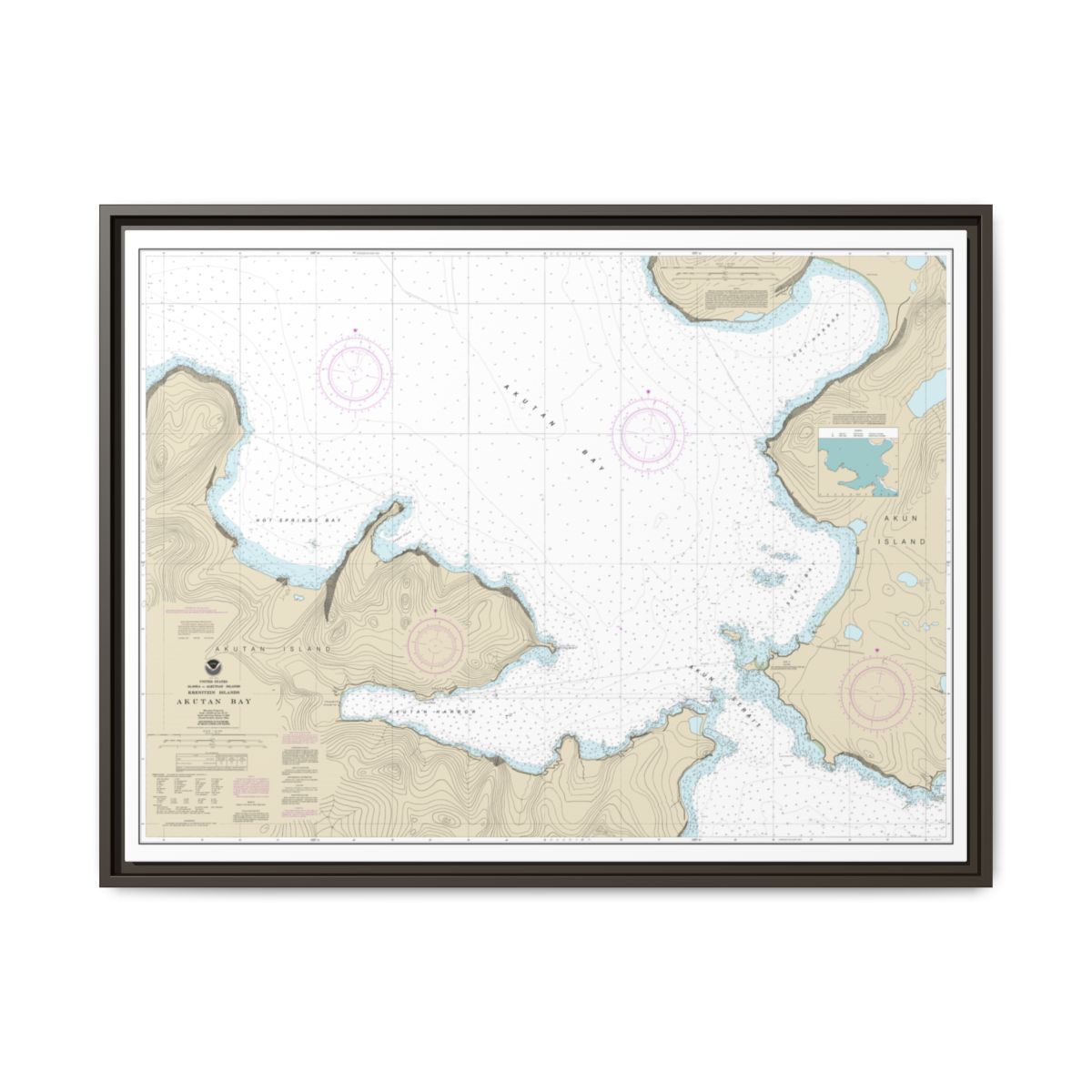 Chart 16532 Akutan Bay, Krenitzin Islands - NOAA Nautical Chart Floating Frame Canvas | 32" x 24" | 40" x 30" - Espresso front