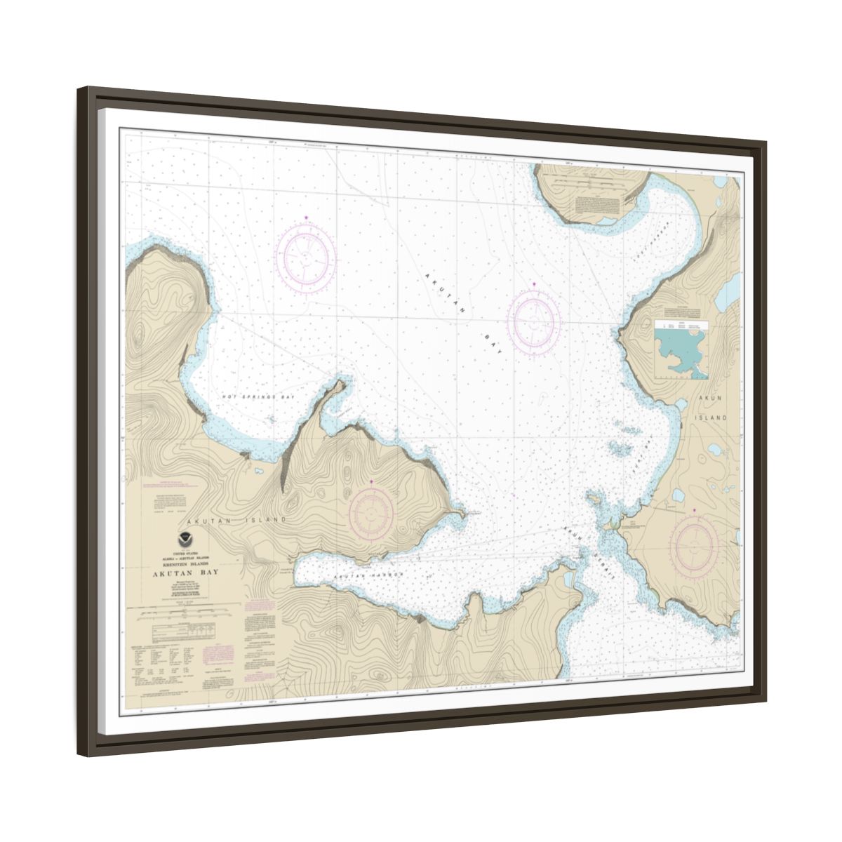 Chart 16532 Akutan Bay, Krenitzin Islands - NOAA Nautical Chart Floating Frame Canvas | 32" x 24" | 40" x 30" - Espresso side