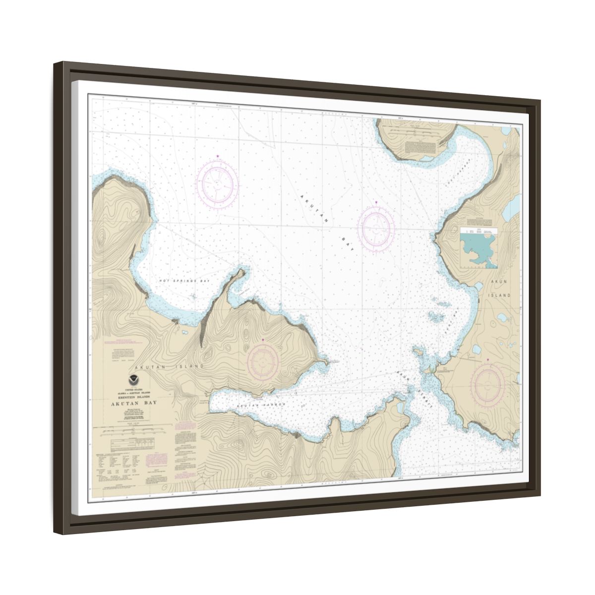Chart 16532 Akutan Bay, Krenitzin Islands - NOAA Nautical Chart Floating Frame Canvas | 32" x 24" | 40" x 30" - Espresso side