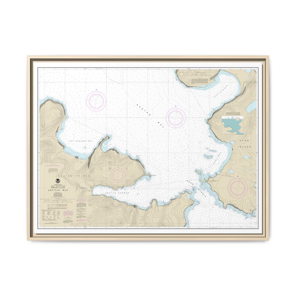 Chart 16532 Akutan Bay, Krenitzin Islands - NOAA Nautical Chart Floating Frame Canvas | 32" x 24" | 40" x 30" - Natural front