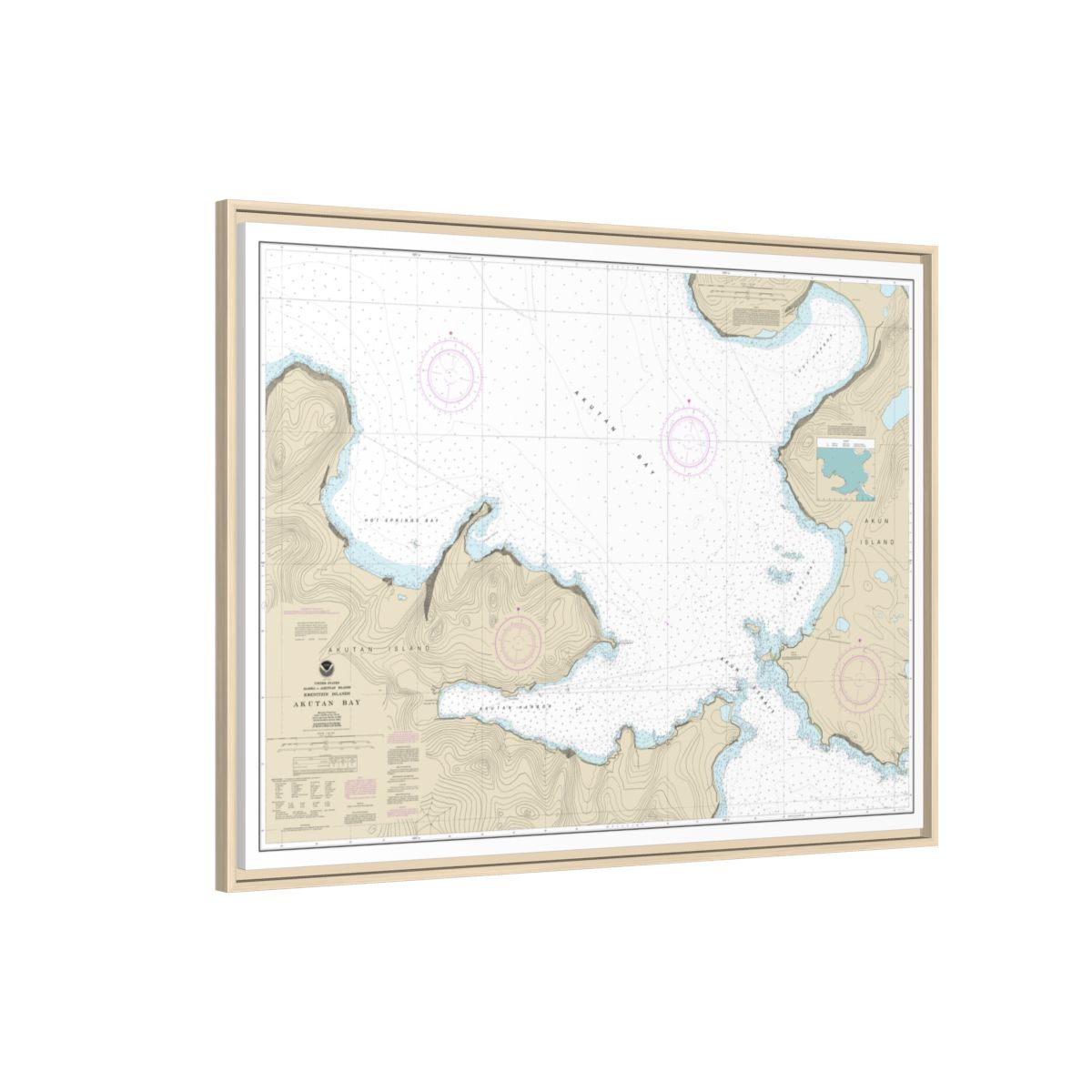 Chart 16532 Akutan Bay, Krenitzin Islands - NOAA Nautical Chart Floating Frame Canvas | 32" x 24" | 40" x 30" - Natural side