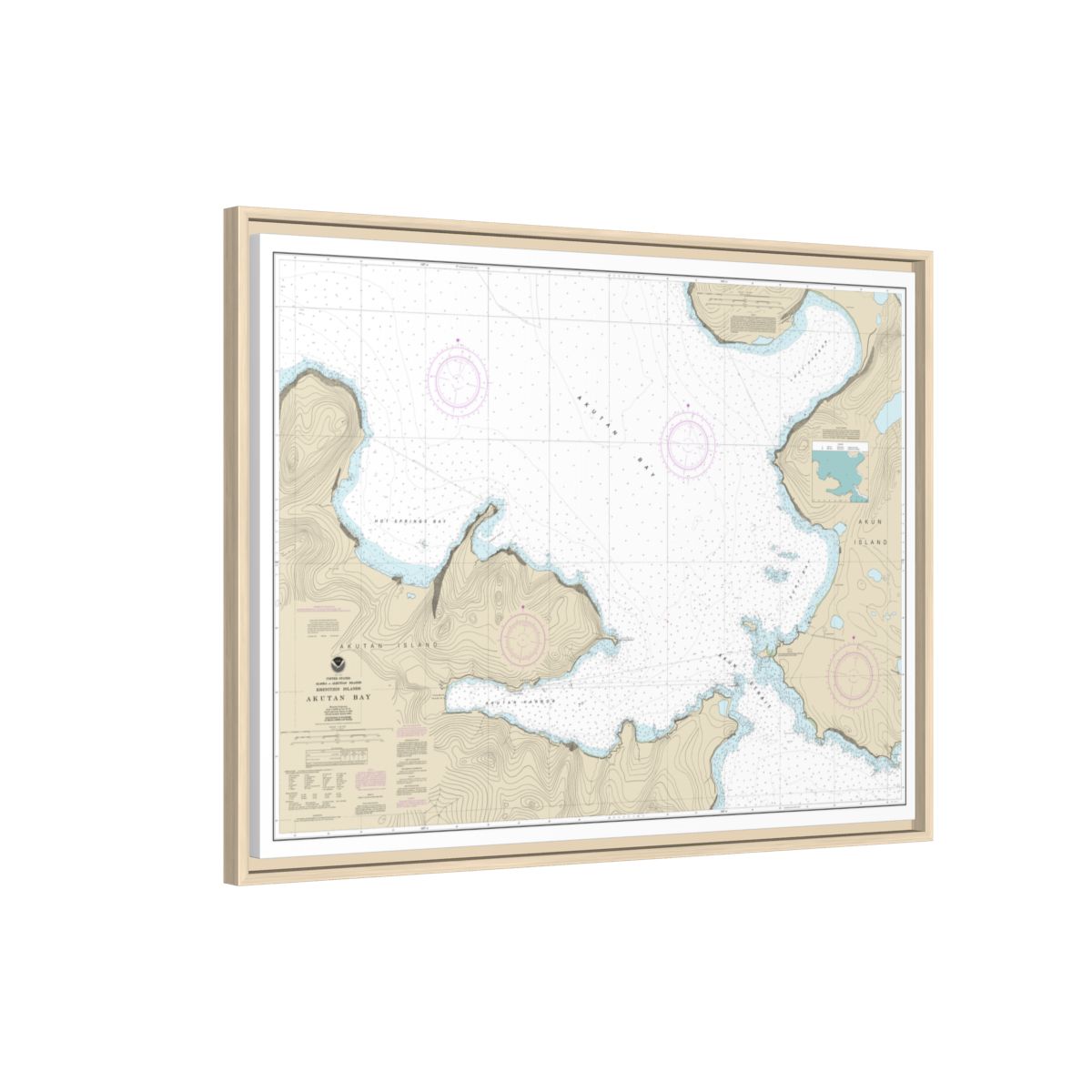 Chart 16532 Akutan Bay, Krenitzin Islands - NOAA Nautical Chart Floating Frame Canvas | 32" x 24" | 40" x 30" - Natural side