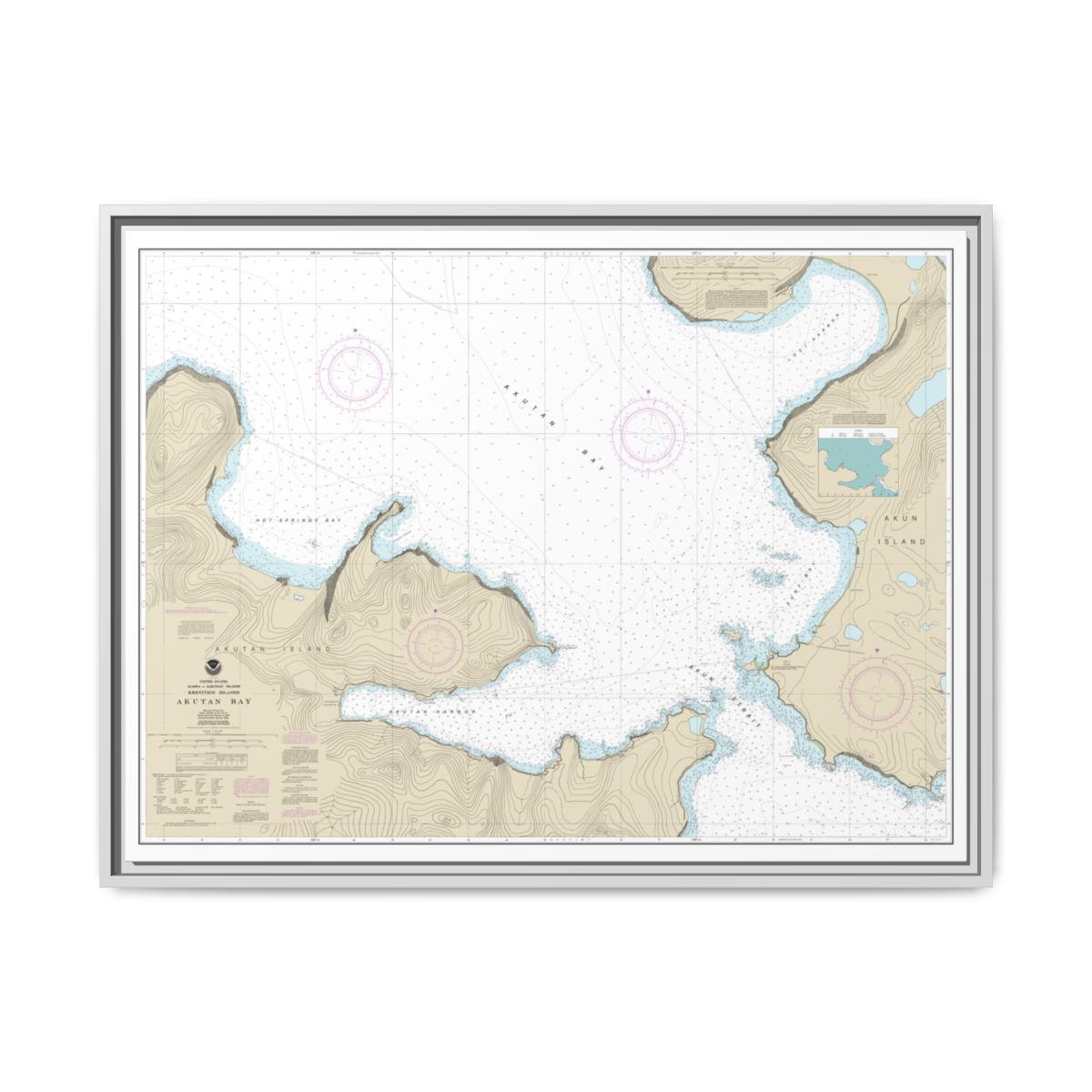 Chart 16532 Akutan Bay, Krenitzin Islands - NOAA Nautical Chart Floating Frame Canvas | 32" x 24" | 40" x 30" - White front