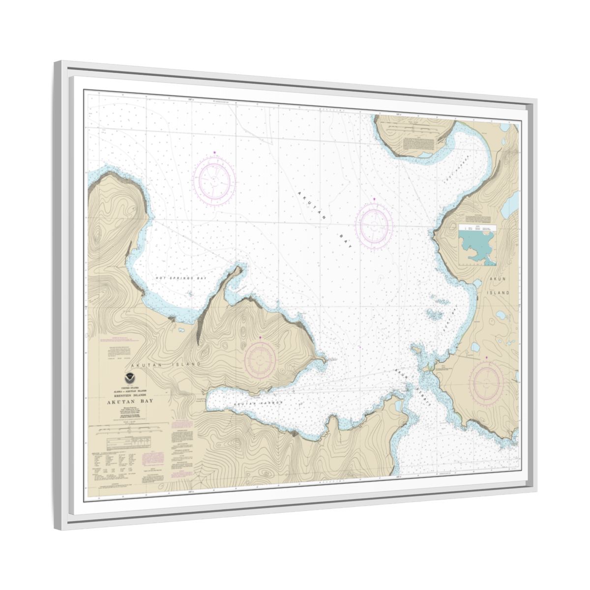 Chart 16532 Akutan Bay, Krenitzin Islands - NOAA Nautical Chart Floating Frame Canvas | 32" x 24" | 40" x 30" - White side
