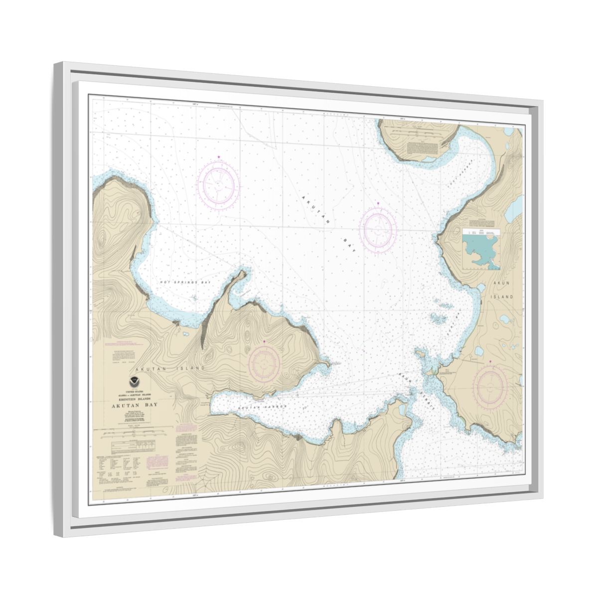 Chart 16532 Akutan Bay, Krenitzin Islands - NOAA Nautical Chart Floating Frame Canvas | 32" x 24" | 40" x 30" - White side