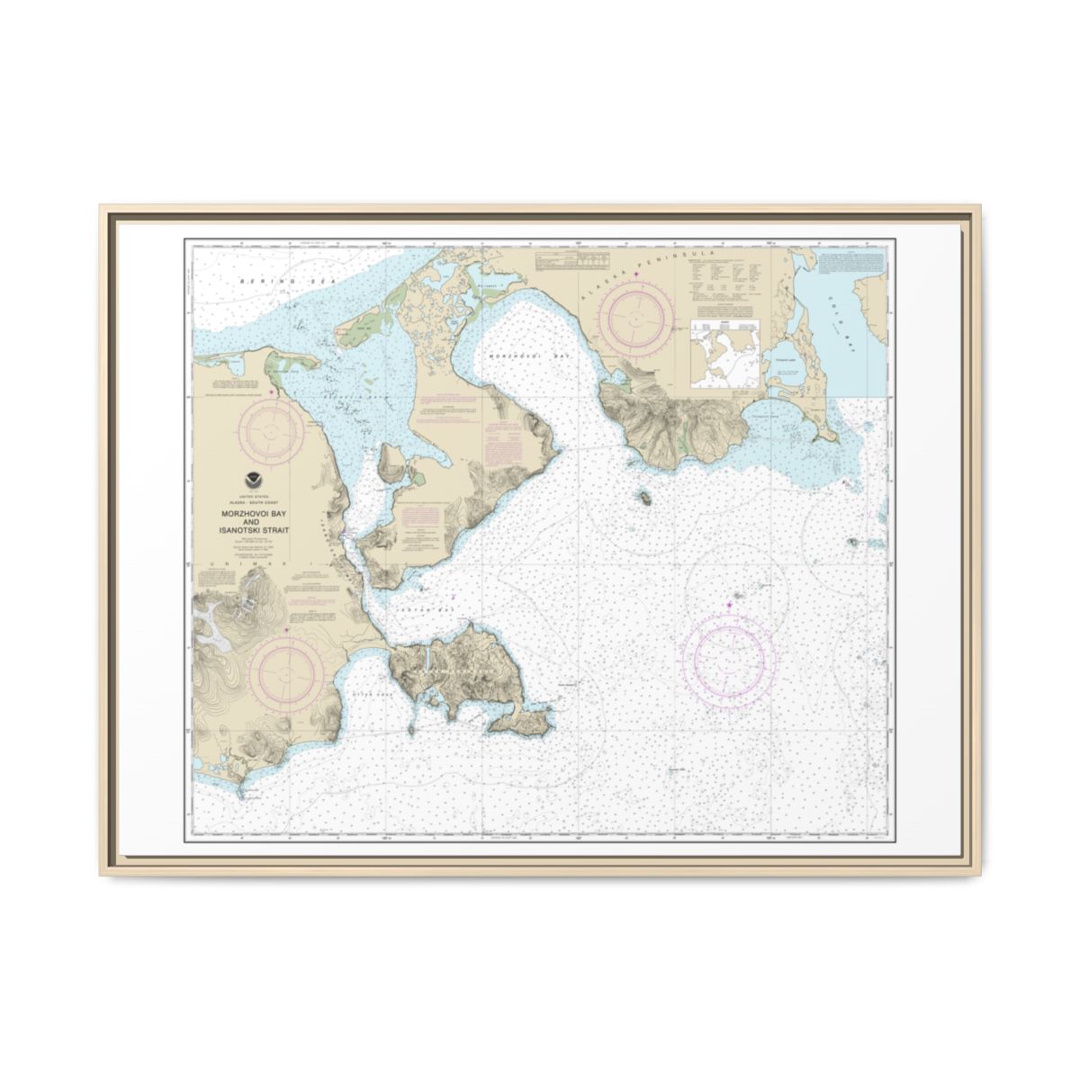 Chart 16535 Morzhovoi Bay and Isanotski Strait - NOAA Nautical Chart Floating Frame Canvas | 32" x 24" | 40" x 30" - Natural front