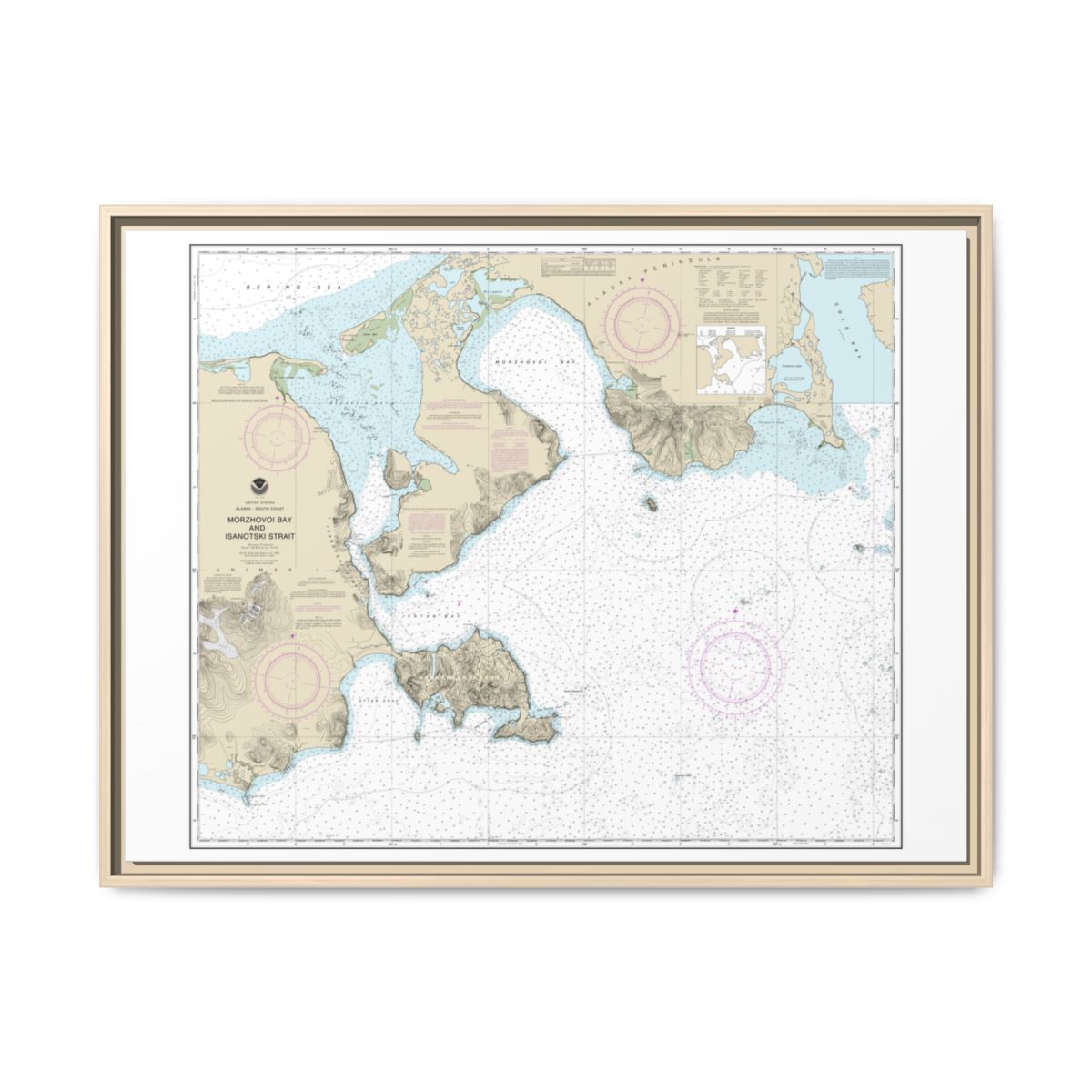 Chart 16535 Morzhovoi Bay and Isanotski Strait - NOAA Nautical Chart Floating Frame Canvas | 32" x 24" | 40" x 30" - Natural front