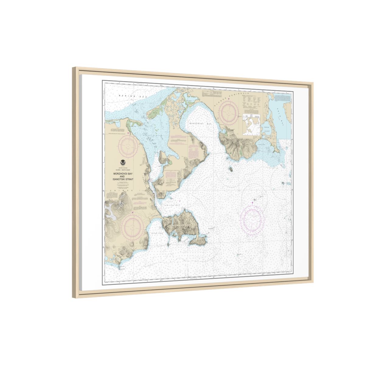 Chart 16535 Morzhovoi Bay and Isanotski Strait - NOAA Nautical Chart Floating Frame Canvas | 32" x 24" | 40" x 30" - Natural side