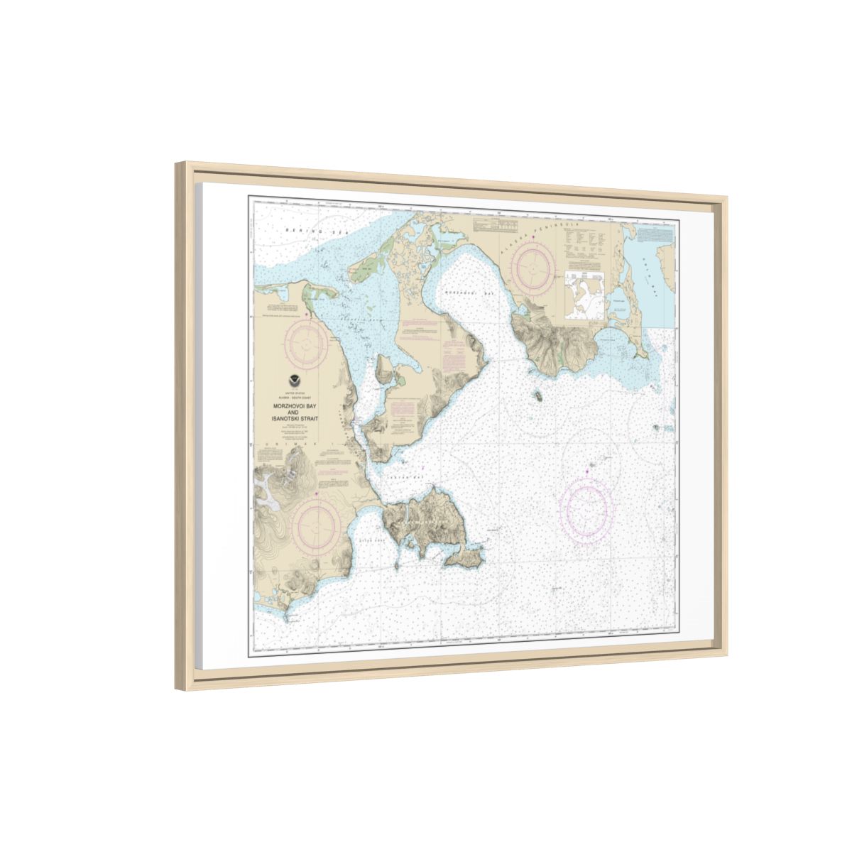 Chart 16535 Morzhovoi Bay and Isanotski Strait - NOAA Nautical Chart Floating Frame Canvas | 32" x 24" | 40" x 30" - Natural side