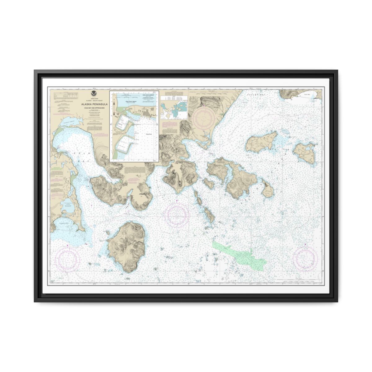 Chart 16549 Cold Bay and approaches, Alaska Pen.;King Cove Harbor - NOAA Nautical Chart Floating Frame Canvas | 32" x 24" | 40" x 30" - Black front