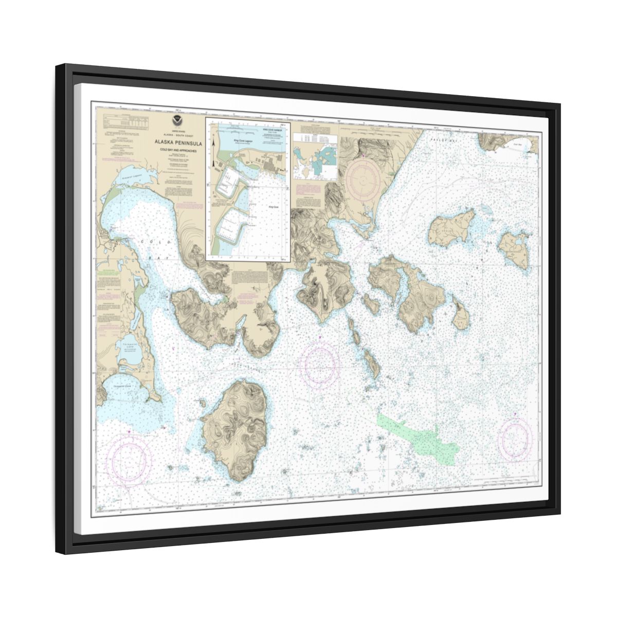 Chart 16549 Cold Bay and approaches, Alaska Pen.;King Cove Harbor - NOAA Nautical Chart Floating Frame Canvas | 32" x 24" | 40" x 30" - Black side