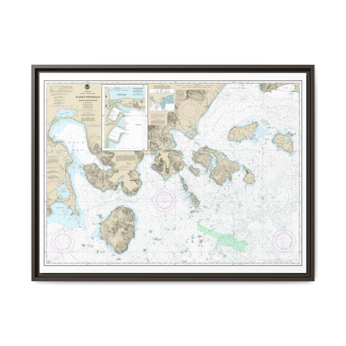 Chart 16549 Cold Bay and approaches, Alaska Pen.;King Cove Harbor - NOAA Nautical Chart Floating Frame Canvas | 32" x 24" | 40" x 30" - Espresso front