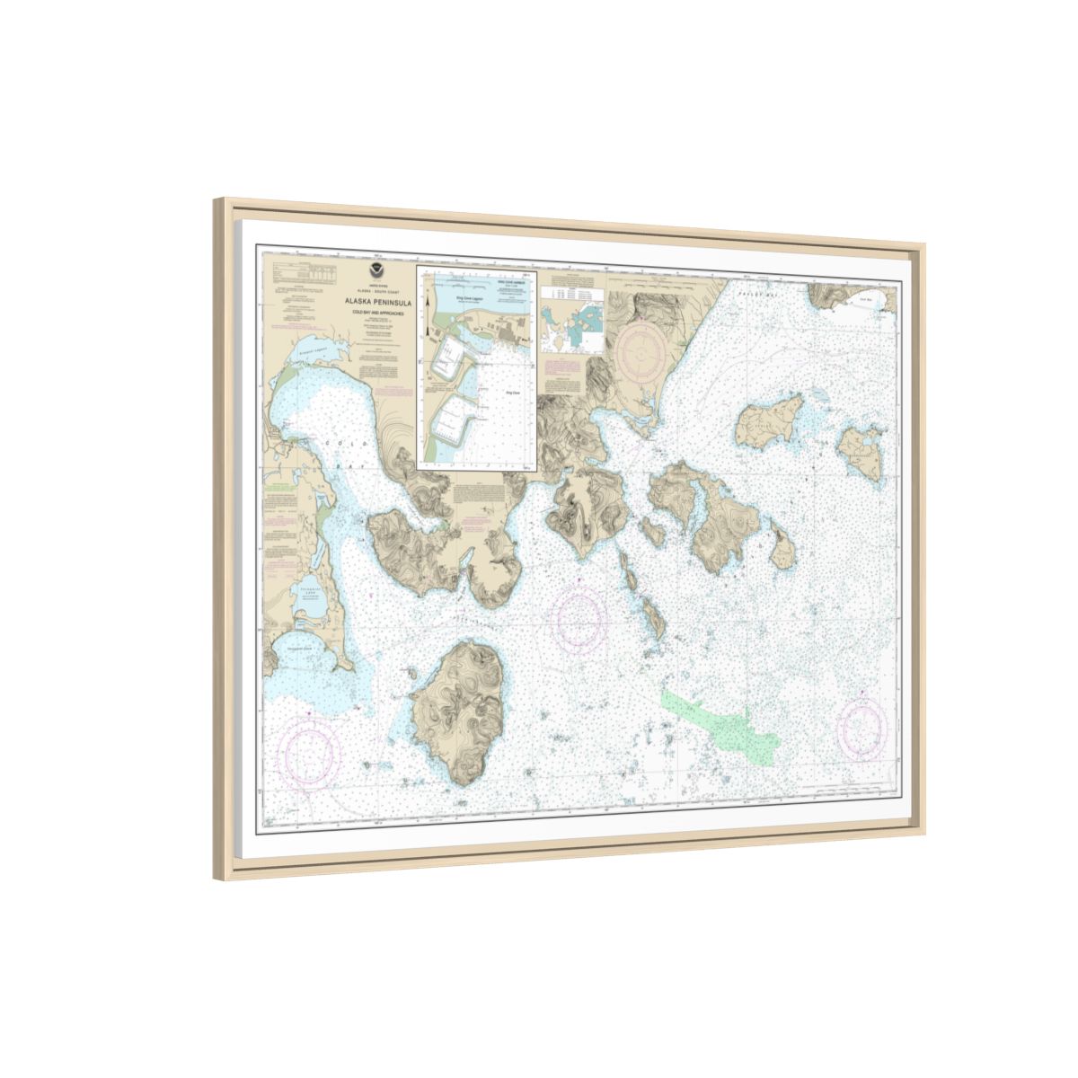Chart 16549 Cold Bay and approaches, Alaska Pen.;King Cove Harbor - NOAA Nautical Chart Floating Frame Canvas | 32" x 24" | 40" x 30" - Natural side