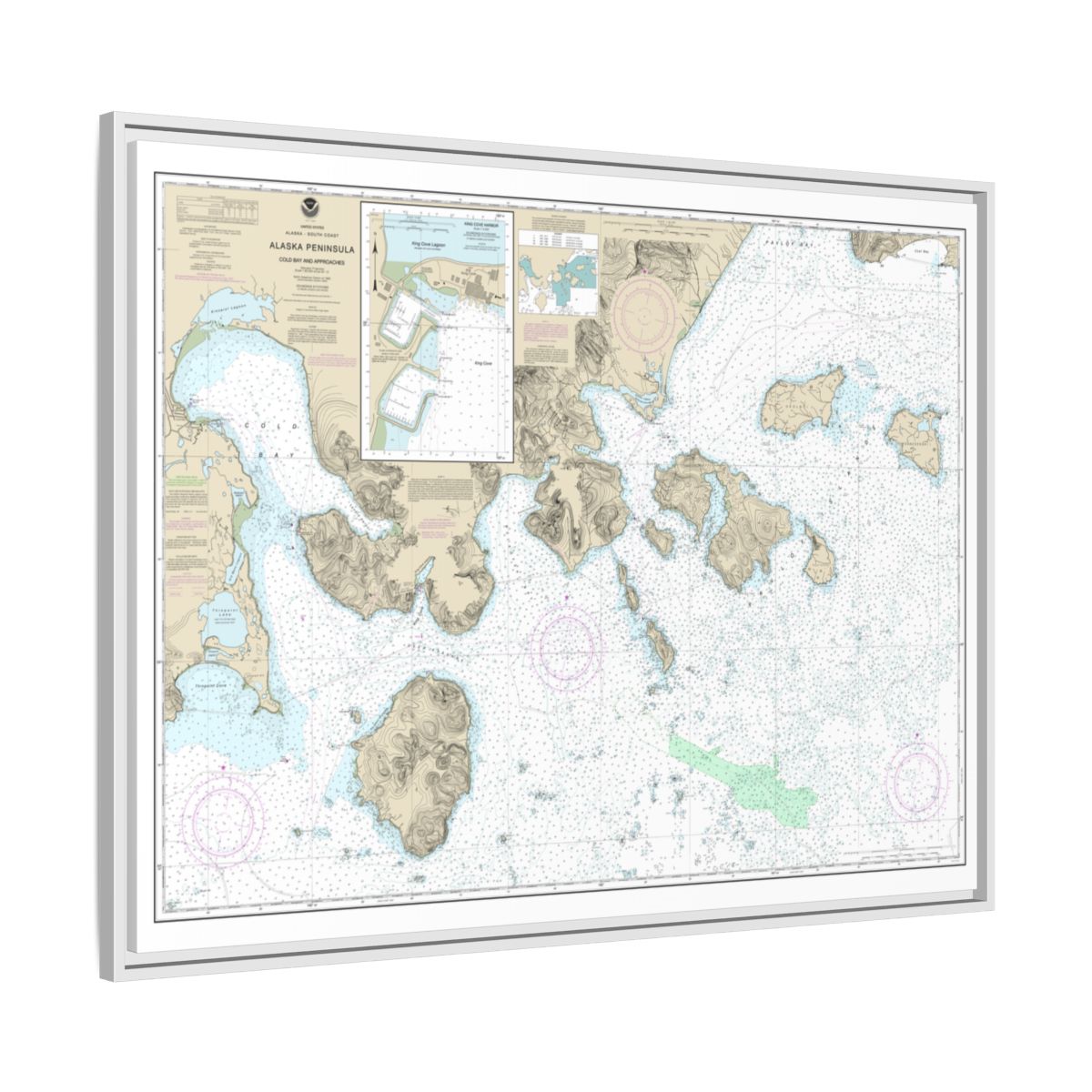 Chart 16549 Cold Bay and approaches, Alaska Pen.;King Cove Harbor - NOAA Nautical Chart Floating Frame Canvas | 32" x 24" | 40" x 30" - White side