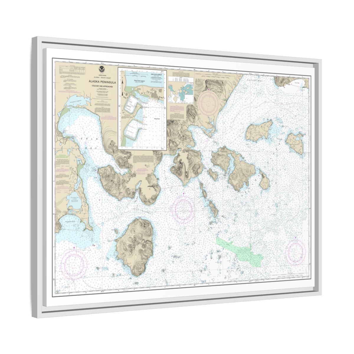 Chart 16549 Cold Bay and approaches, Alaska Pen.;King Cove Harbor - NOAA Nautical Chart Floating Frame Canvas | 32" x 24" | 40" x 30" - White side