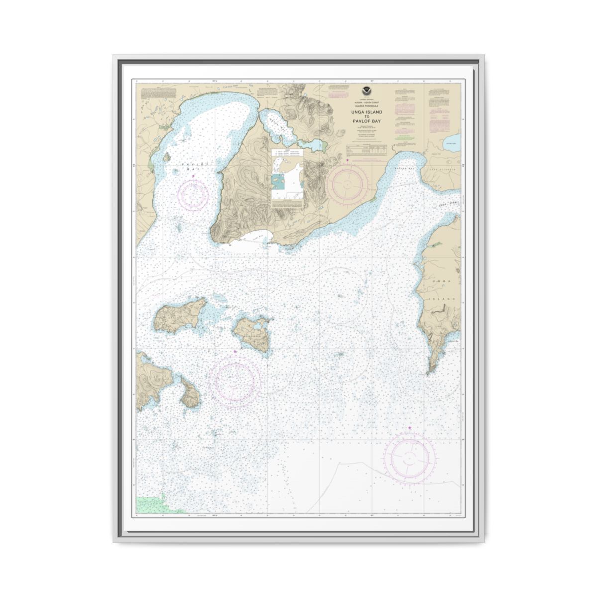 Chart 16551 Unga Island to Pavlof Bay, Alaska Pen. - NOAA Nautical Chart Floating Frame Canvas | 24" x 32" | 30" x 40" - White front