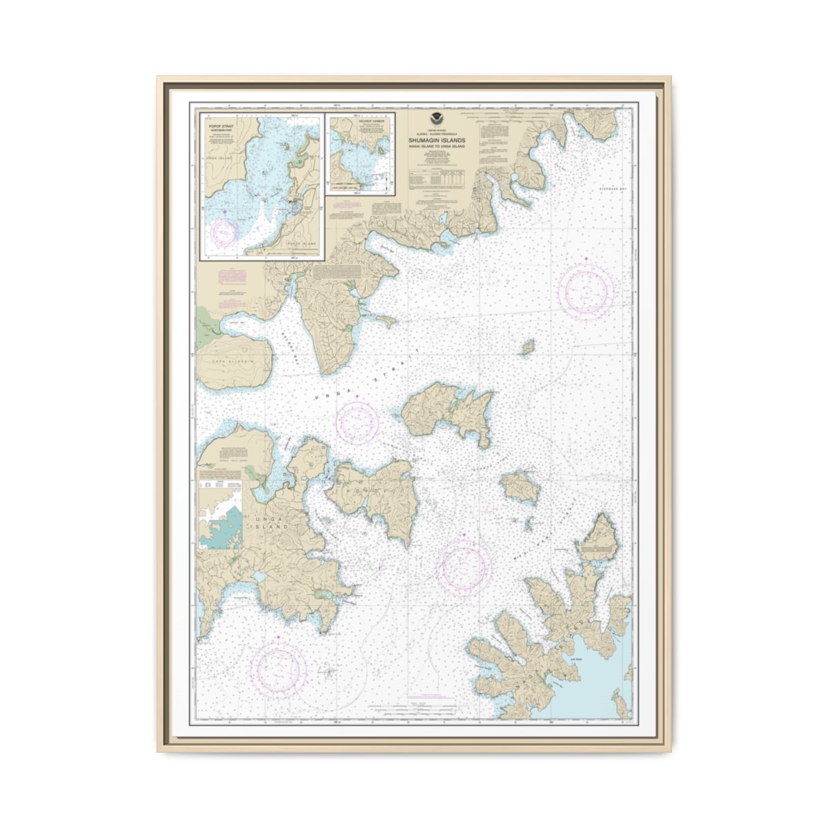 Chart 16553 Shumagin Islands-Nagai I. to Unga I.;Delarof Harbor;Popof Strait, northern part - NOAA Nautical Chart Floating Frame Canvas | 24" x 32" | 30" x 40" - Natural front