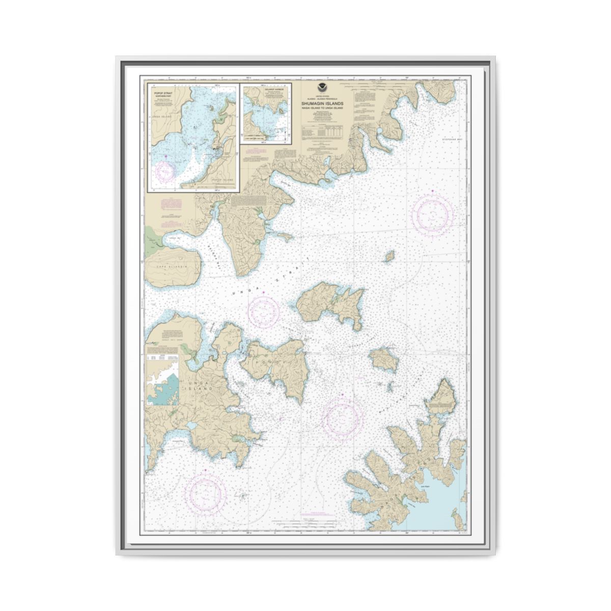 Chart 16553 Shumagin Islands-Nagai I. to Unga I.;Delarof Harbor;Popof Strait, northern part - NOAA Nautical Chart Floating Frame Canvas | 24" x 32" | 30" x 40" - White front