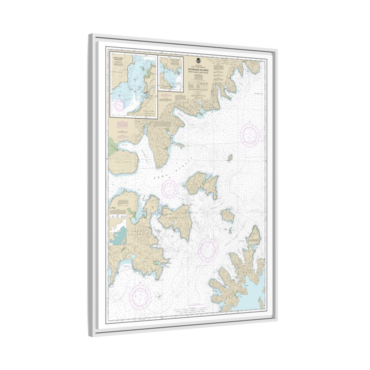 Chart 16553 Shumagin Islands-Nagai I. to Unga I.;Delarof Harbor;Popof Strait, northern part - NOAA Nautical Chart Floating Frame Canvas | 24" x 32" | 30" x 40" - White side