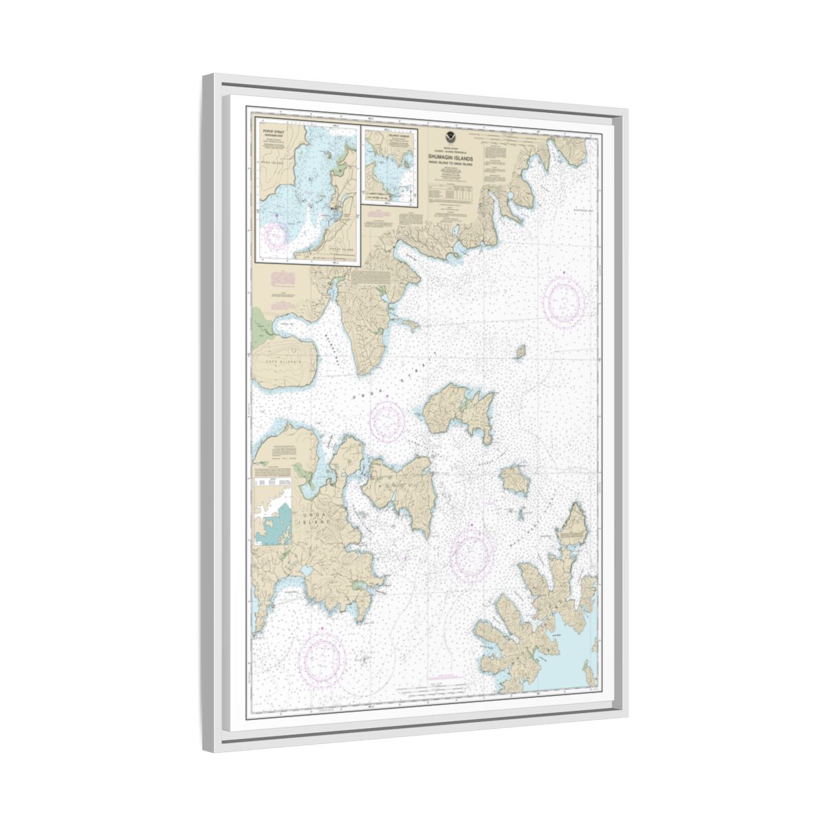 Chart 16553 Shumagin Islands-Nagai I. to Unga I.;Delarof Harbor;Popof Strait, northern part - NOAA Nautical Chart Floating Frame Canvas | 24" x 32" | 30" x 40" - White side