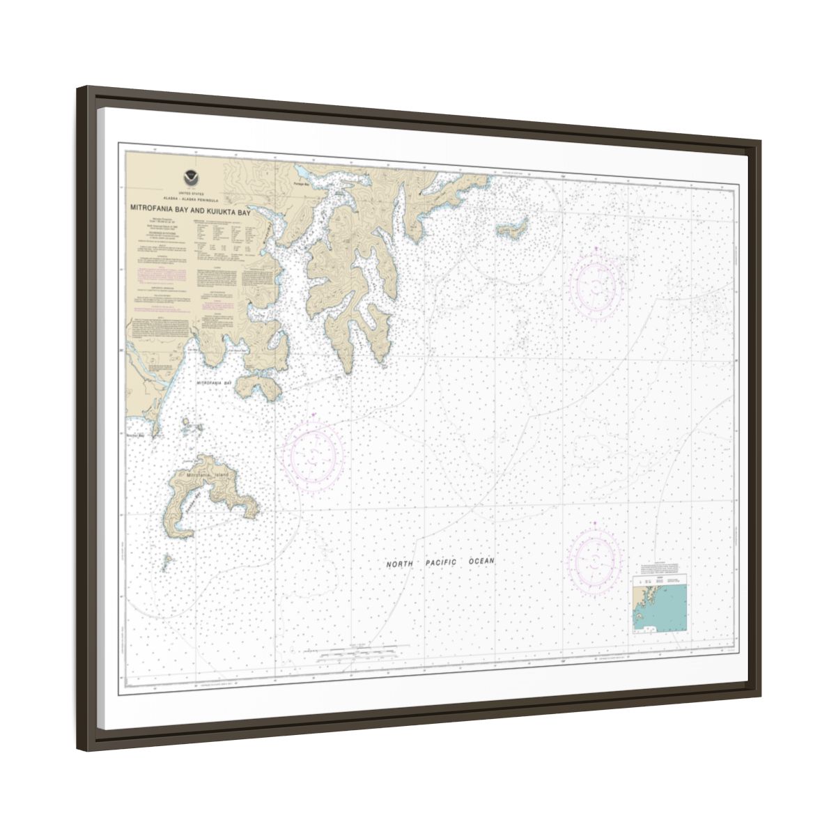 Chart 16561 Mitrofania Bay And Kuiukta Bay - NOAA Nautical Chart Floating Frame Canvas | 32" x 24" | 40" x 30" - Espresso side