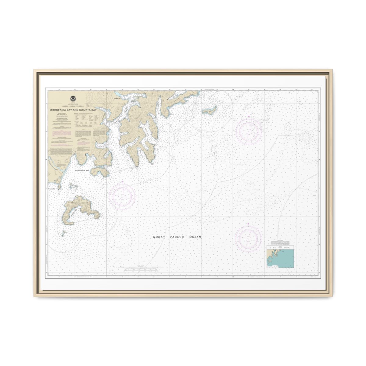 Chart 16561 Mitrofania Bay And Kuiukta Bay - NOAA Nautical Chart Floating Frame Canvas | 32" x 24" | 40" x 30" - Natural front