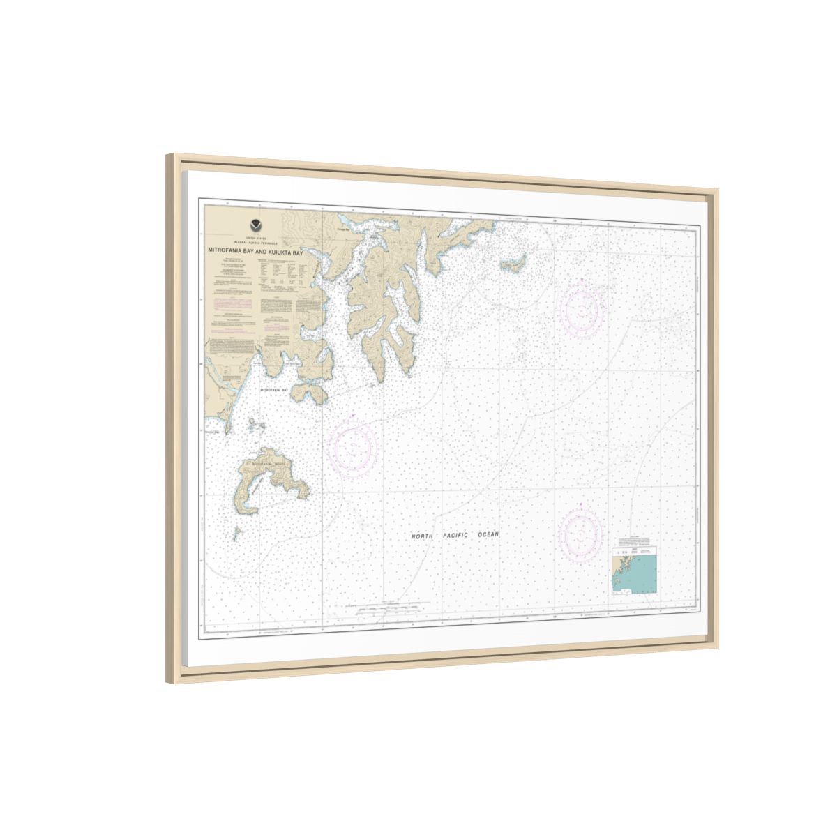 Chart 16561 Mitrofania Bay And Kuiukta Bay - NOAA Nautical Chart Floating Frame Canvas | 32" x 24" | 40" x 30" - Natural side