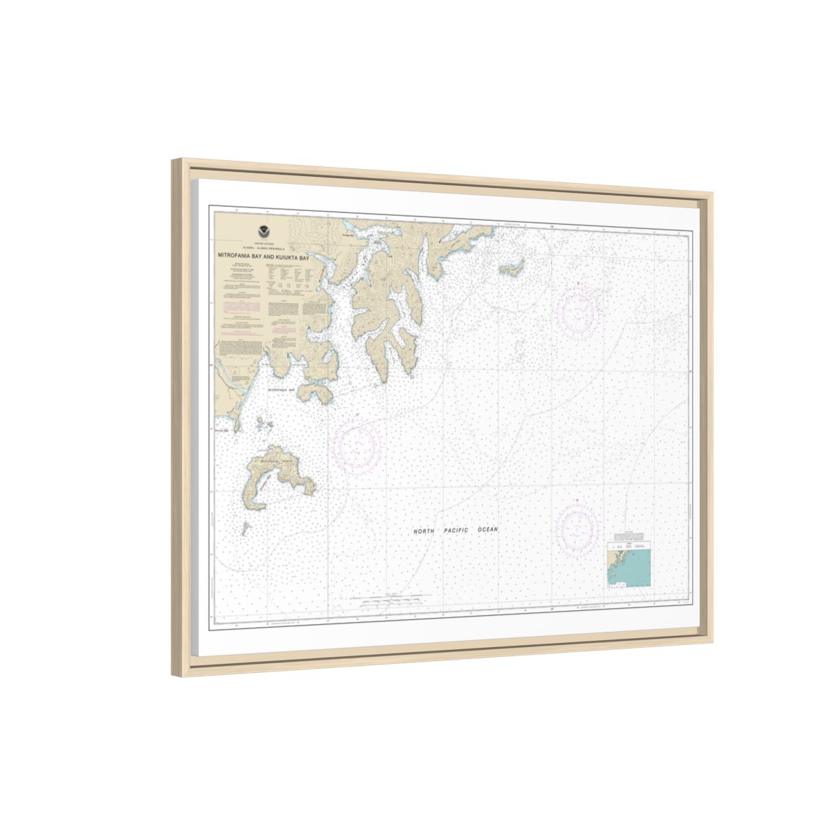 Chart 16561 Mitrofania Bay And Kuiukta Bay - NOAA Nautical Chart Floating Frame Canvas | 32" x 24" | 40" x 30" - Natural side