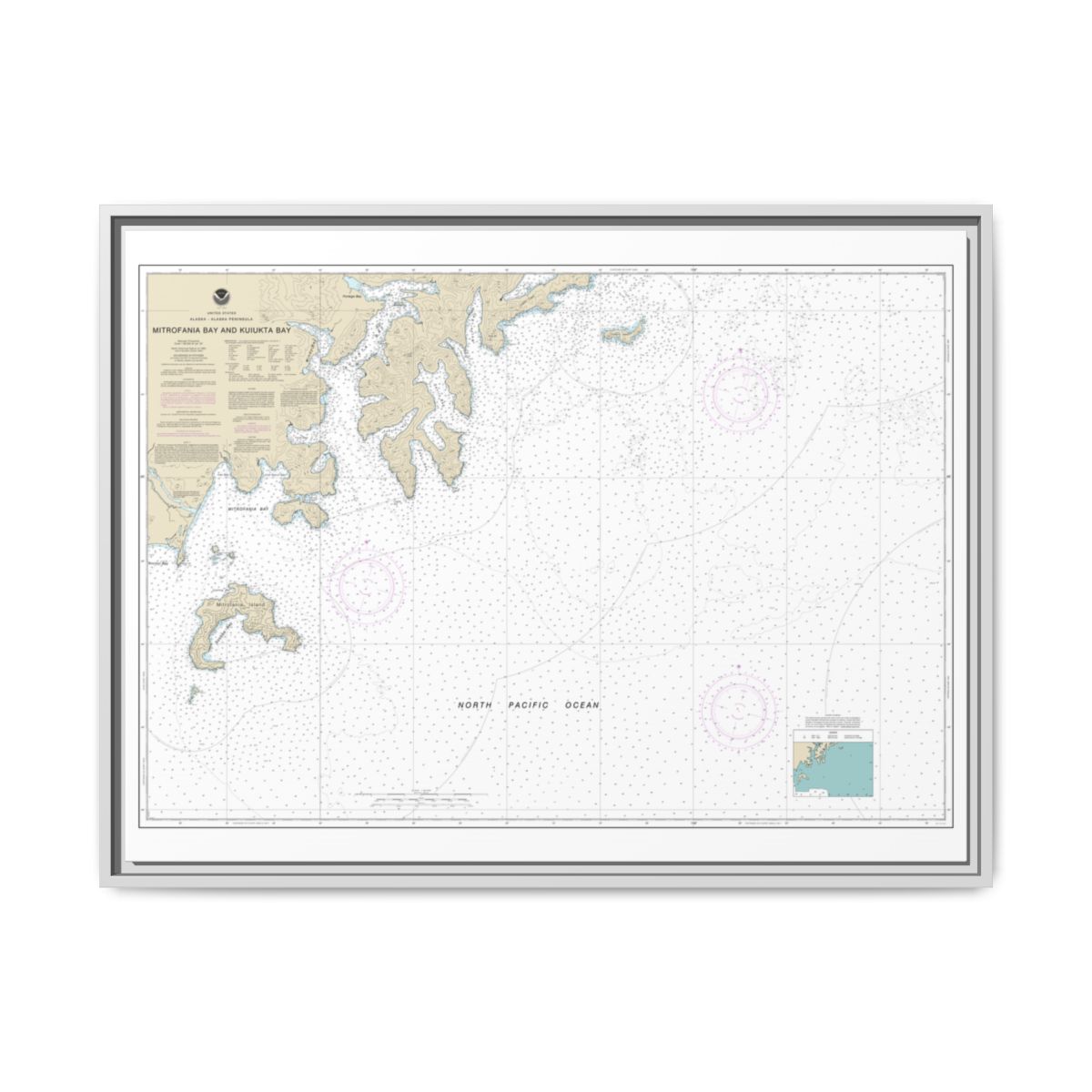 Chart 16561 Mitrofania Bay And Kuiukta Bay - NOAA Nautical Chart Floating Frame Canvas | 32" x 24" | 40" x 30" - White front