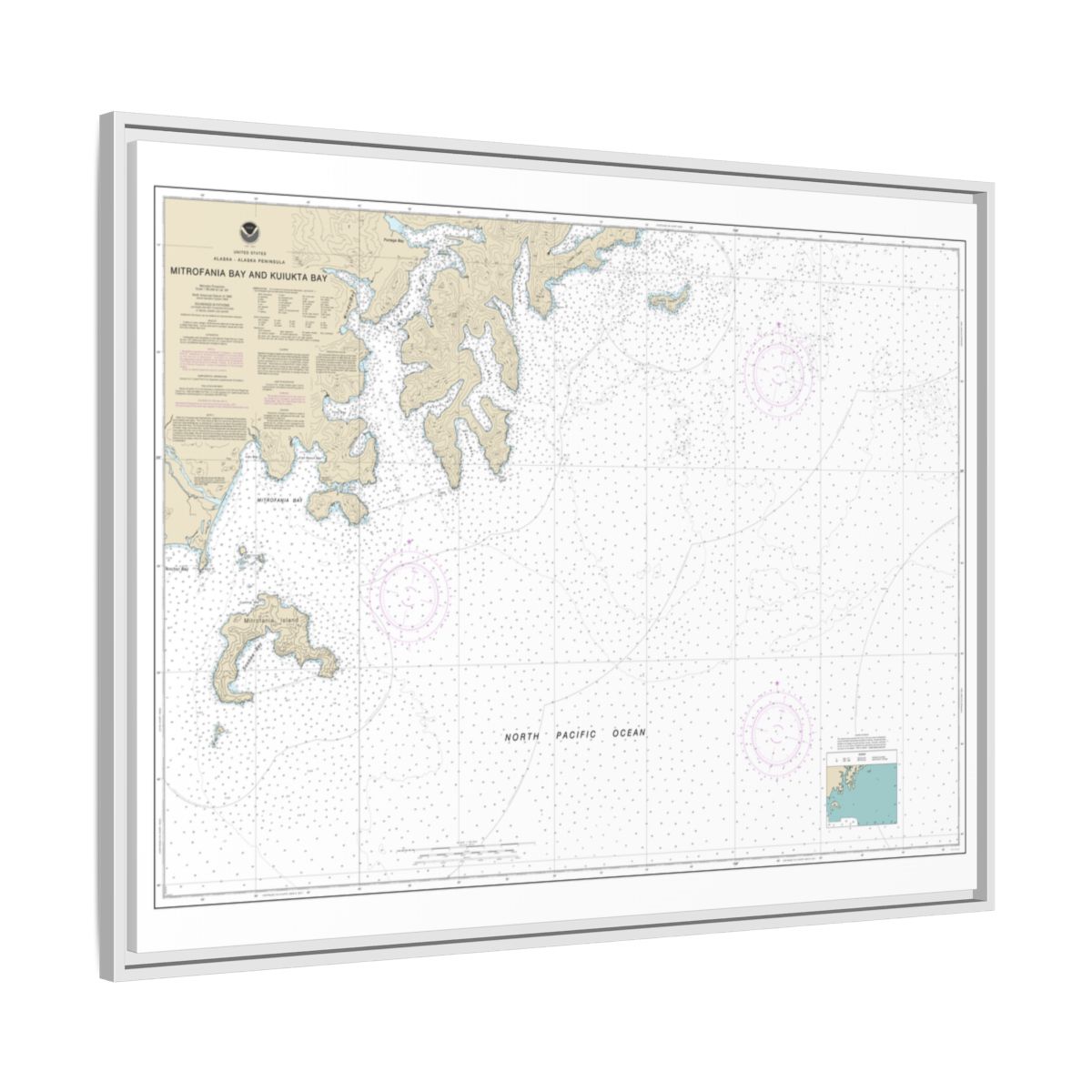 Chart 16561 Mitrofania Bay And Kuiukta Bay - NOAA Nautical Chart Floating Frame Canvas | 32" x 24" | 40" x 30" - White side