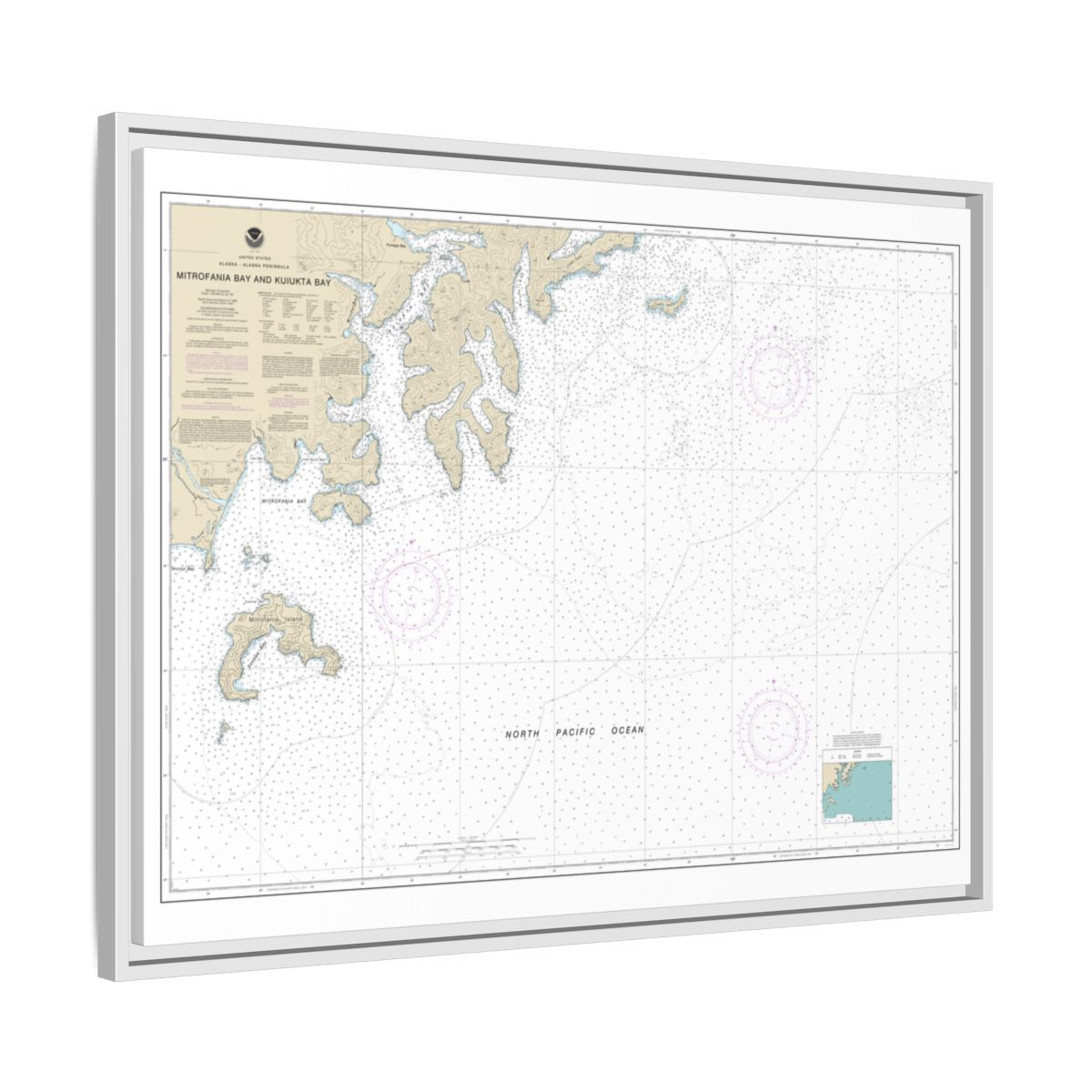 Chart 16561 Mitrofania Bay And Kuiukta Bay - NOAA Nautical Chart Floating Frame Canvas | 32" x 24" | 40" x 30" - White side