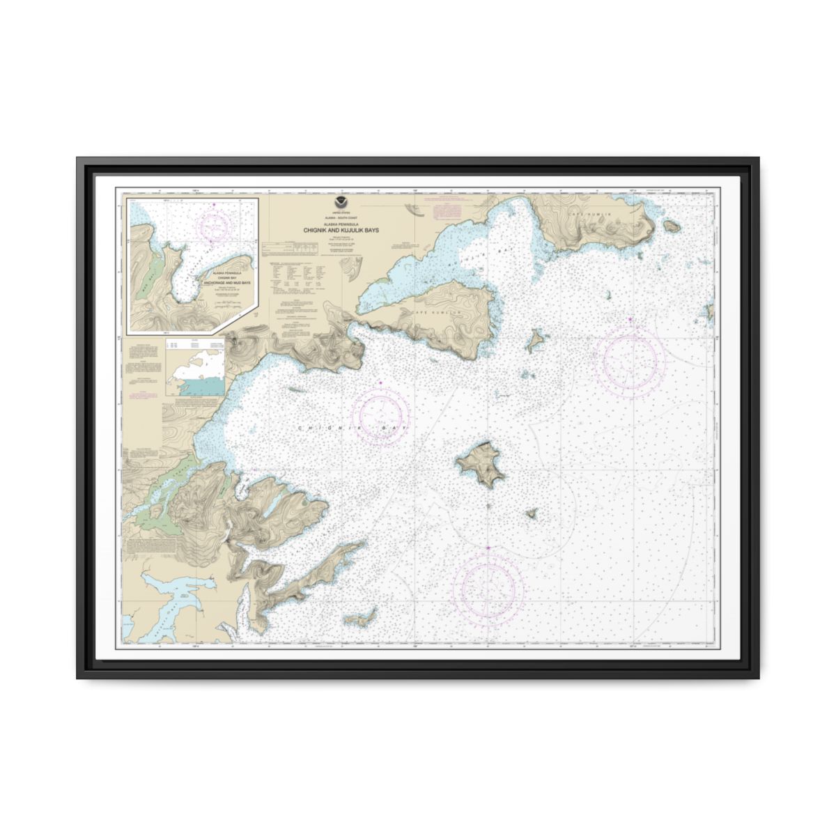 Chart 16566 Chignik and Kujulik Bays, Alaska Pen.;Anchorage and Mud Bays, Chignik Bay - NOAA Nautical Chart Floating Frame Canvas | 32" x 24" | 40" x 30" - Black front