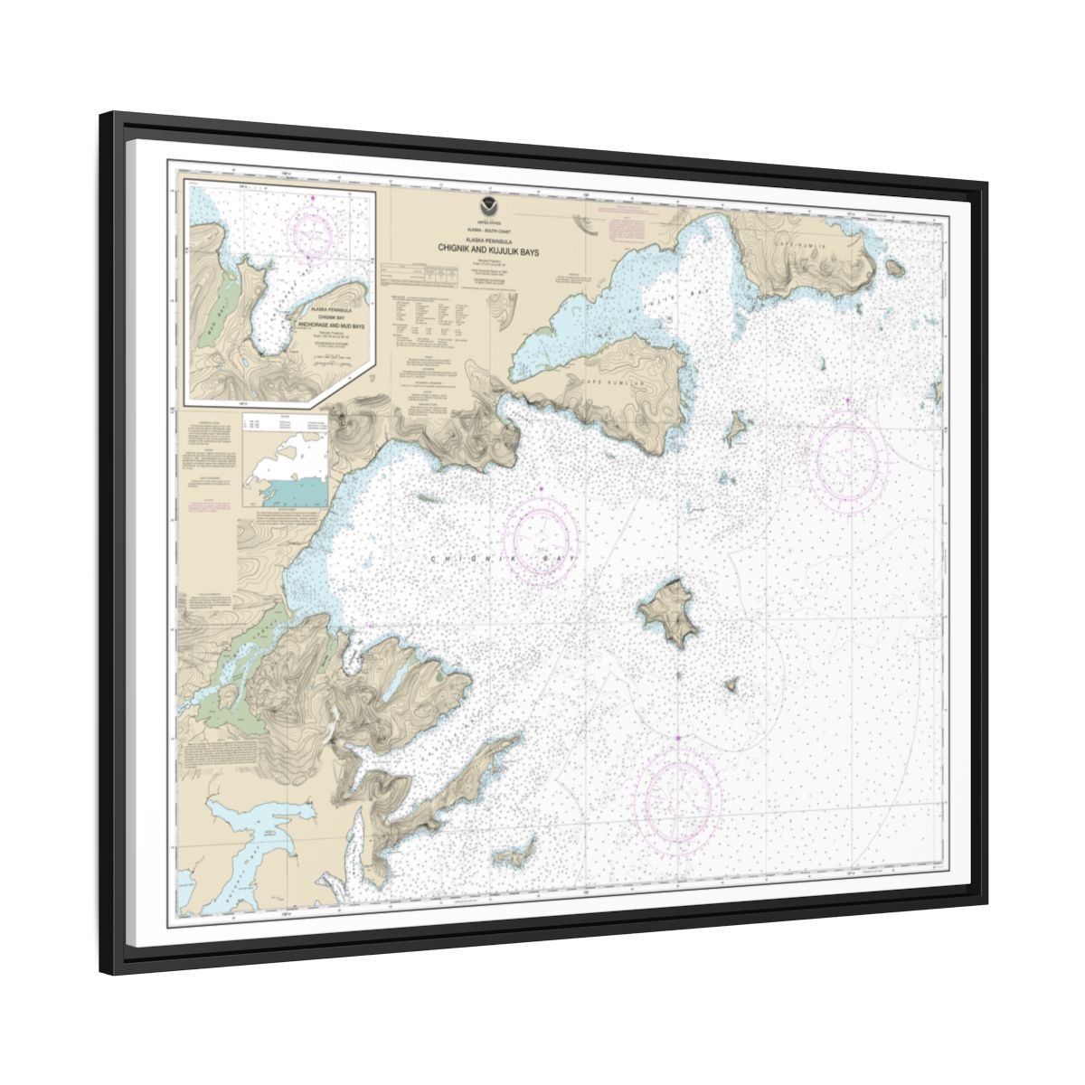 Chart 16566 Chignik and Kujulik Bays, Alaska Pen.;Anchorage and Mud Bays, Chignik Bay - NOAA Nautical Chart Floating Frame Canvas | 32" x 24" | 40" x 30" - Black side