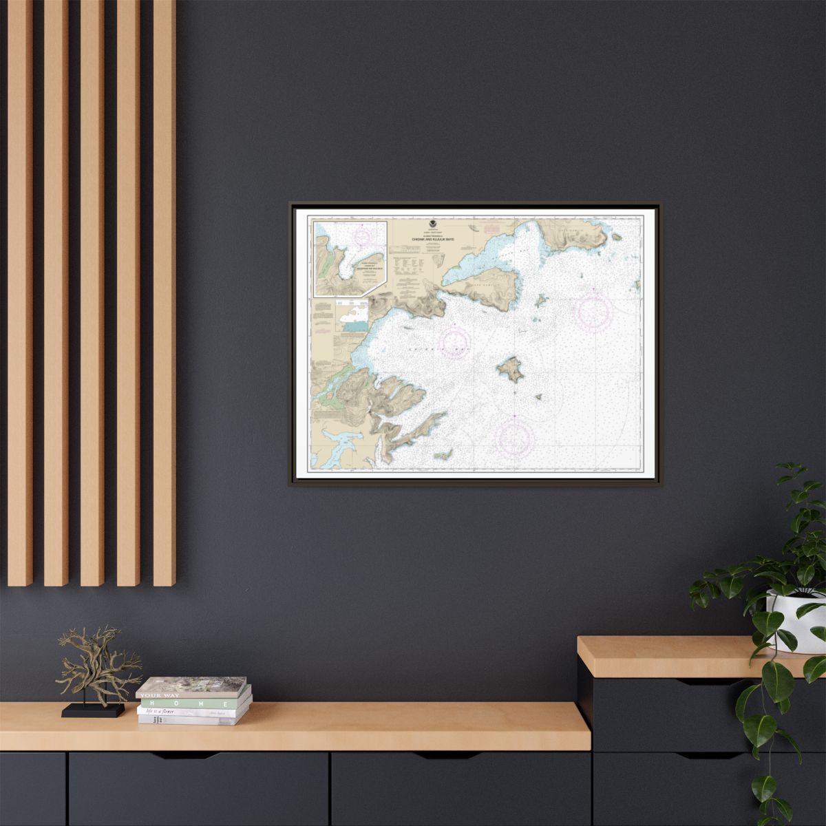 Chart 16566 Chignik and Kujulik Bays, Alaska Pen.;Anchorage and Mud Bays, Chignik Bay - NOAA Nautical Chart Floating Frame Canvas | 32" x 24" | 40" x 30" - Espresso context-2