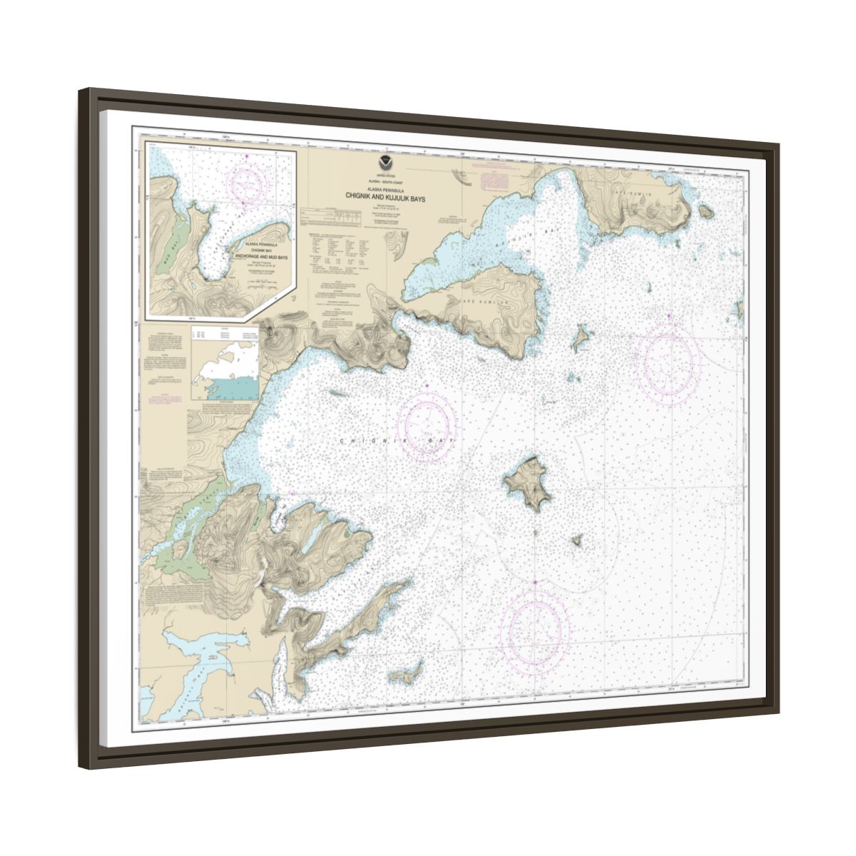 Chart 16566 Chignik and Kujulik Bays, Alaska Pen.;Anchorage and Mud Bays, Chignik Bay - NOAA Nautical Chart Floating Frame Canvas | 32" x 24" | 40" x 30" - Espresso side