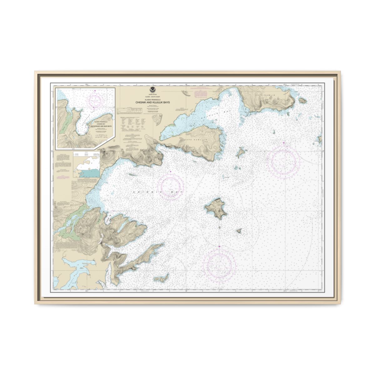 Chart 16566 Chignik and Kujulik Bays, Alaska Pen.;Anchorage and Mud Bays, Chignik Bay - NOAA Nautical Chart Floating Frame Canvas | 32" x 24" | 40" x 30" - Natural front