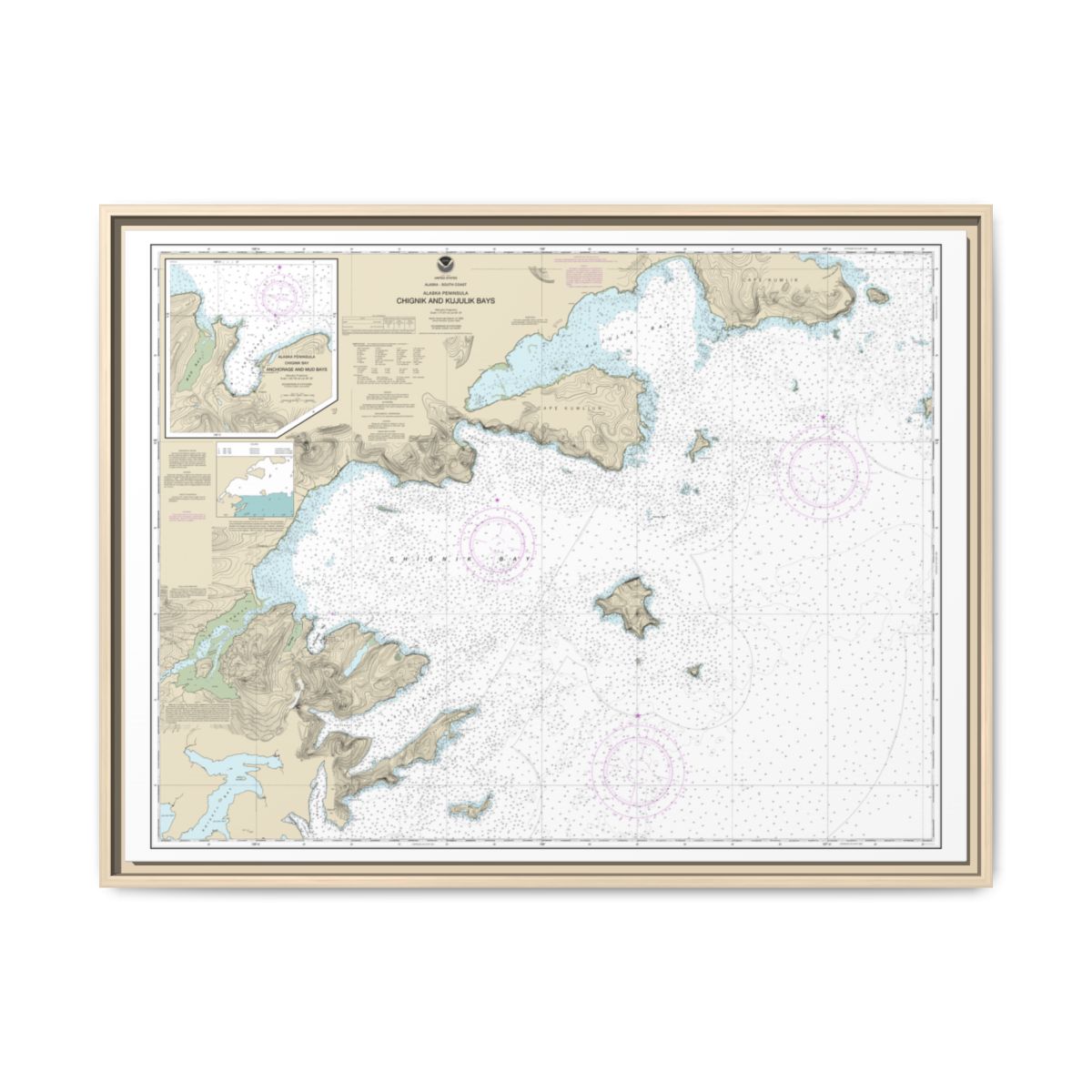 Chart 16566 Chignik and Kujulik Bays, Alaska Pen.;Anchorage and Mud Bays, Chignik Bay - NOAA Nautical Chart Floating Frame Canvas | 32" x 24" | 40" x 30" - Natural front