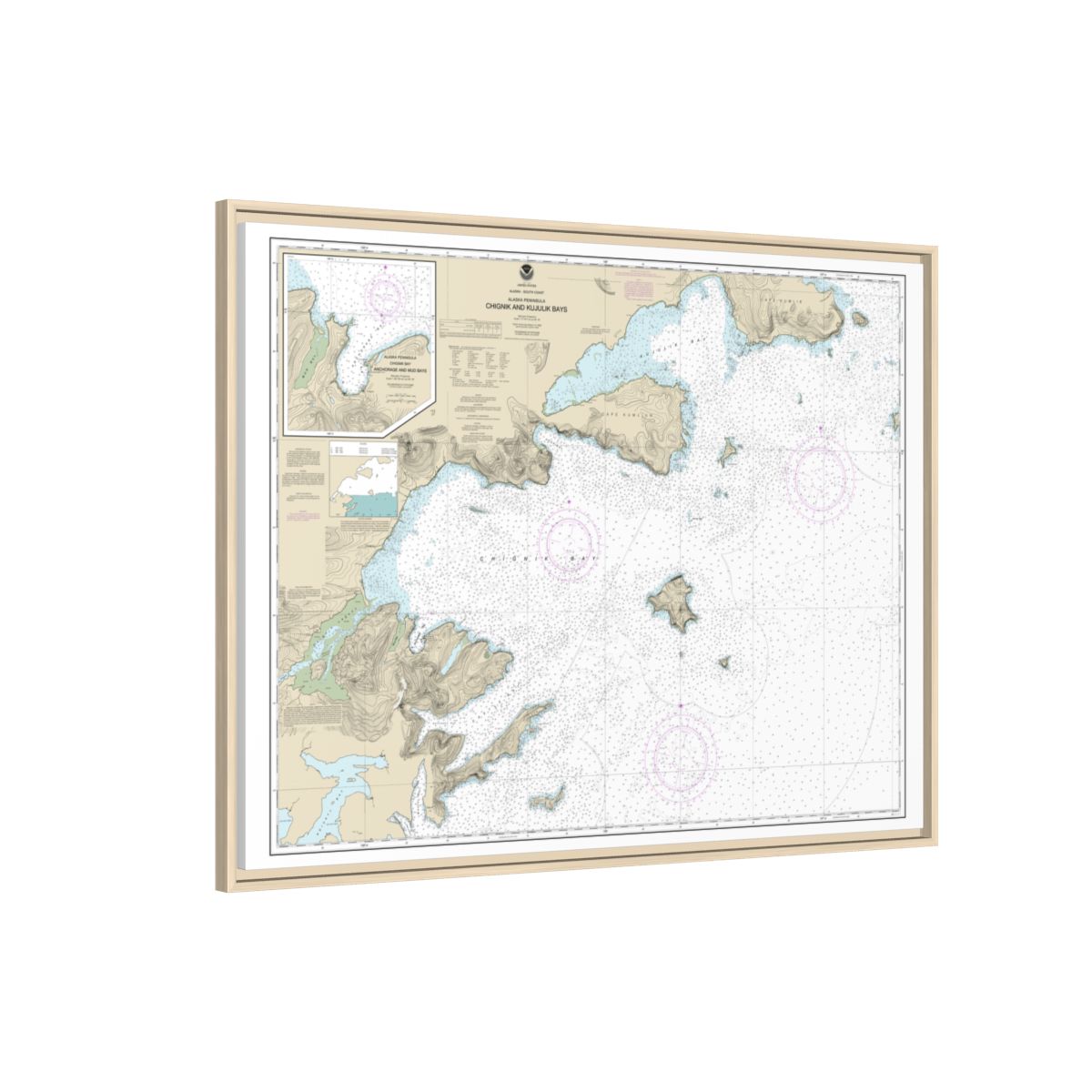 Chart 16566 Chignik and Kujulik Bays, Alaska Pen.;Anchorage and Mud Bays, Chignik Bay - NOAA Nautical Chart Floating Frame Canvas | 32" x 24" | 40" x 30" - Natural side