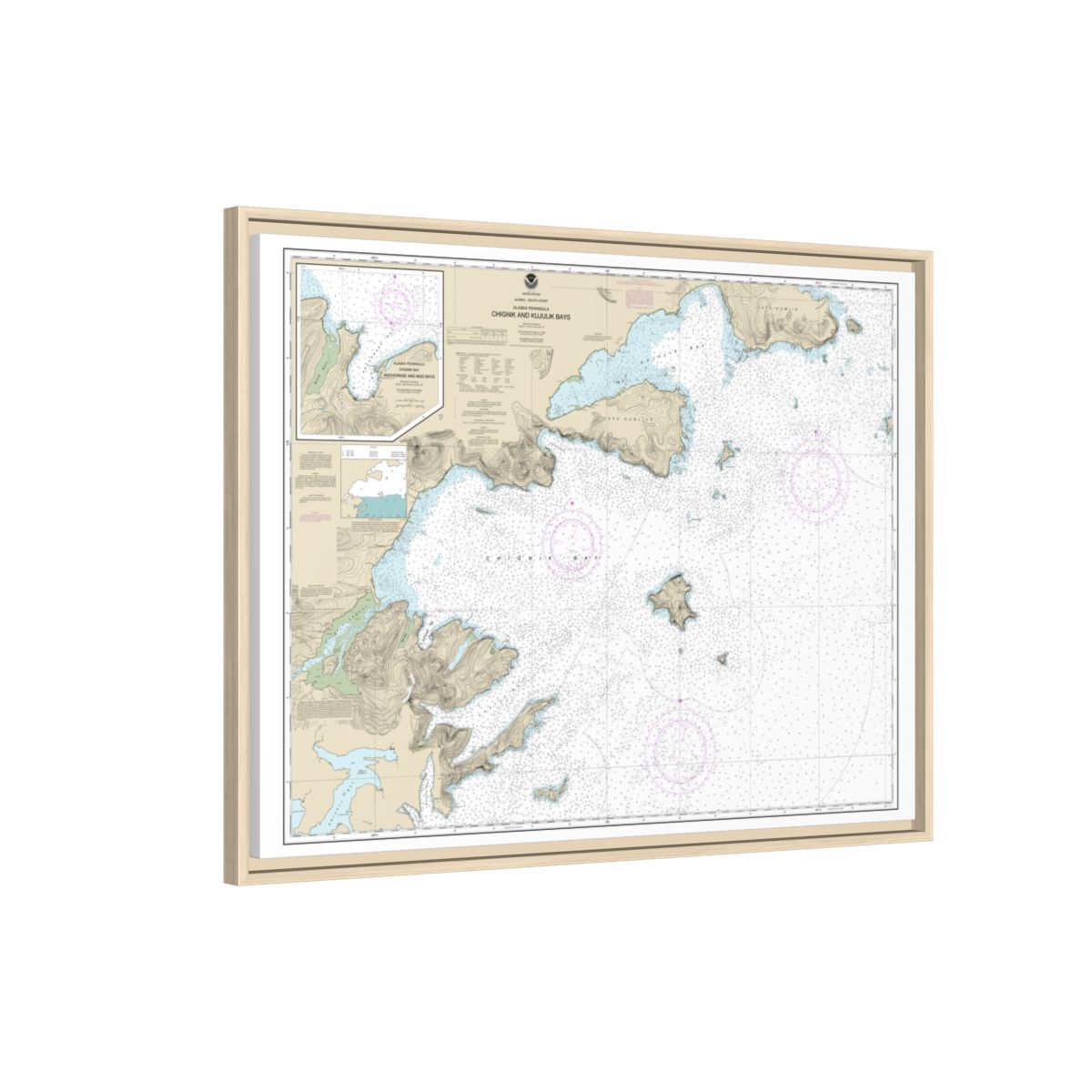 Chart 16566 Chignik and Kujulik Bays, Alaska Pen.;Anchorage and Mud Bays, Chignik Bay - NOAA Nautical Chart Floating Frame Canvas | 32" x 24" | 40" x 30" - Natural side