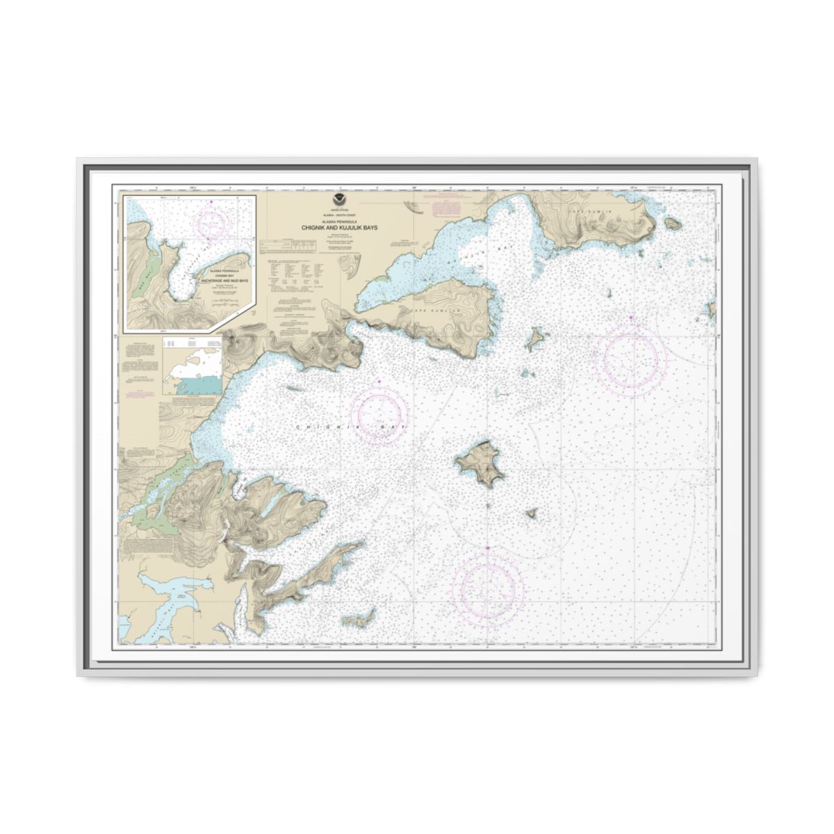 Chart 16566 Chignik and Kujulik Bays, Alaska Pen.;Anchorage and Mud Bays, Chignik Bay - NOAA Nautical Chart Floating Frame Canvas | 32" x 24" | 40" x 30" - White front
