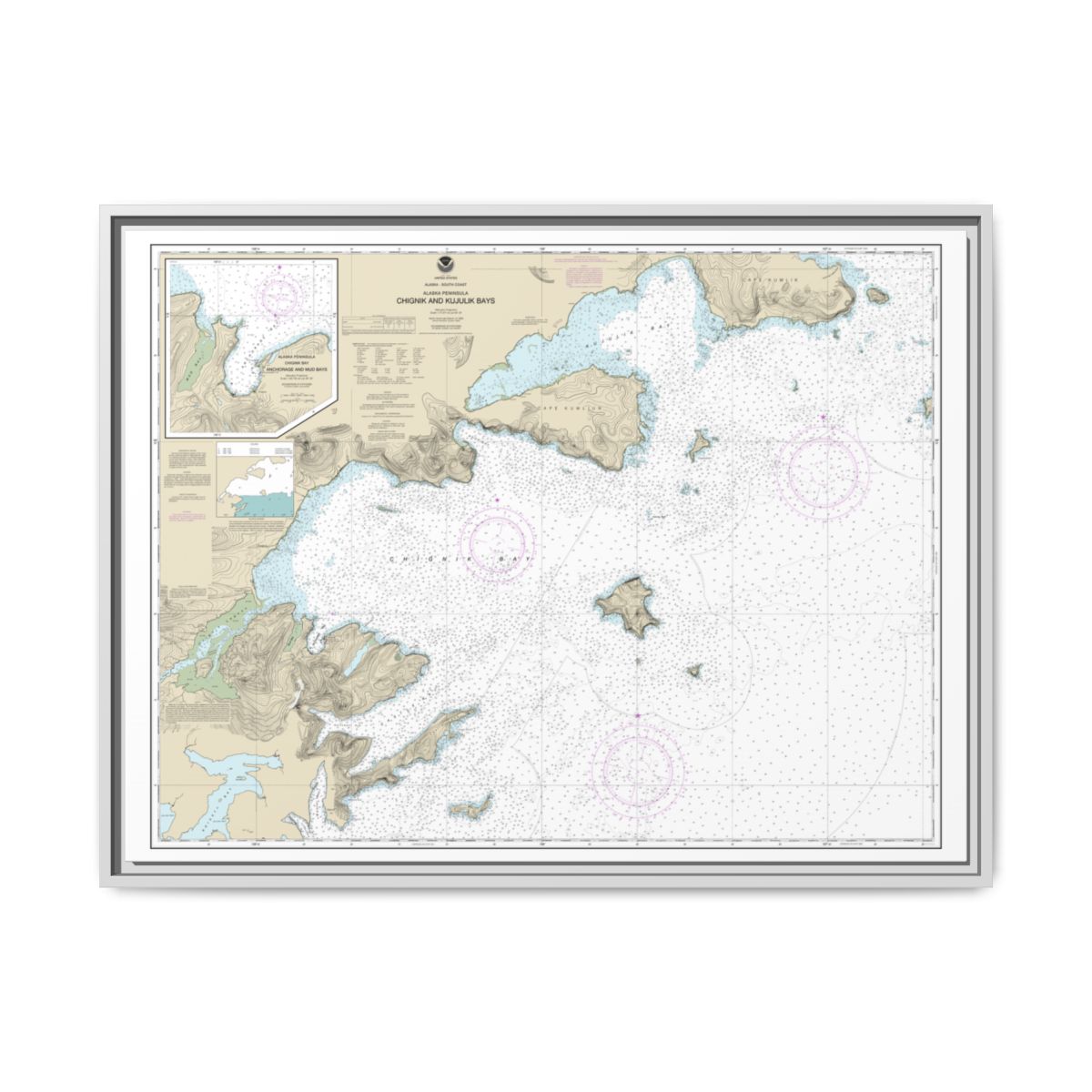 Chart 16566 Chignik and Kujulik Bays, Alaska Pen.;Anchorage and Mud Bays, Chignik Bay - NOAA Nautical Chart Floating Frame Canvas | 32" x 24" | 40" x 30" - White front